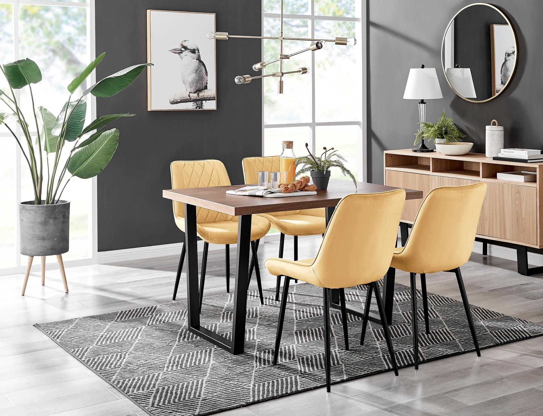 FurnitureboxUK Kylo Brown Wood Effect Dining Table With Black 'U' Legs & 4 Pesaro Velvet Chairs in Mustard