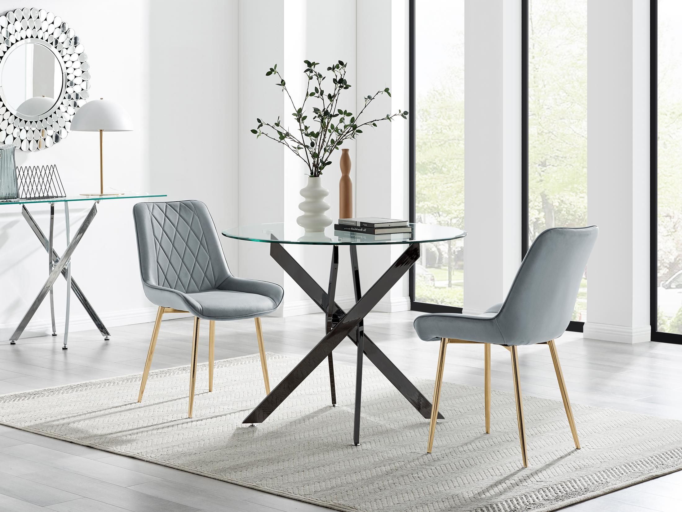 FurnitureboxUK Novara 100cm Round Black Leg Dining Table & 2 Pesaro Gold Leg Chairs in Grey
