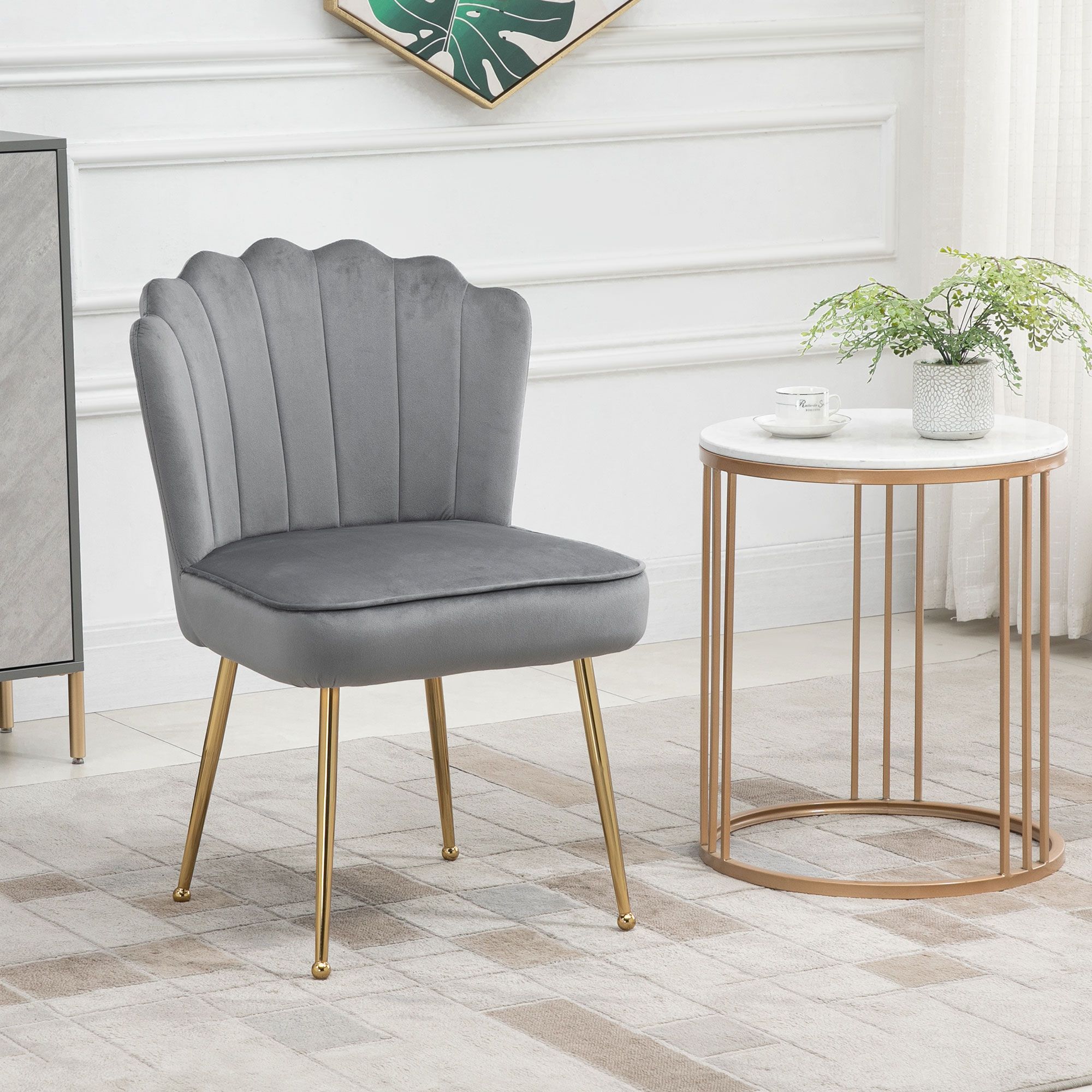 HOMCOM Velvet-Feel Shell Luxe Accent Chair Home Bedroom Lounge Metal Legs in Grey