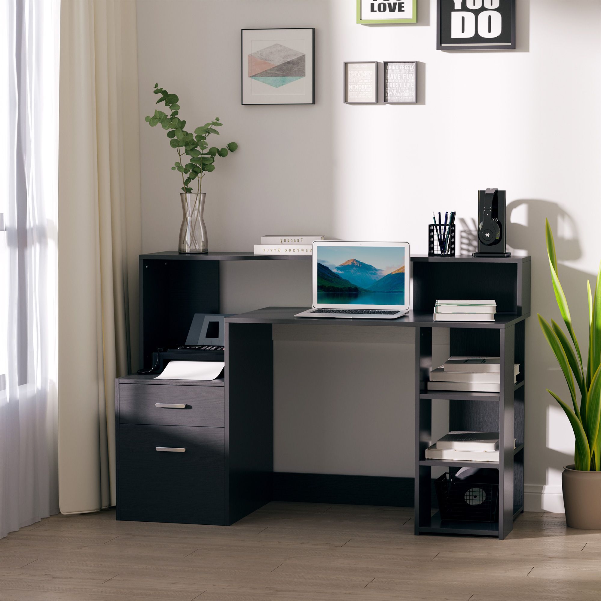 HOMCOM Multi-Storage & Workstation Desk Table Storage Shelves Home Office in Black