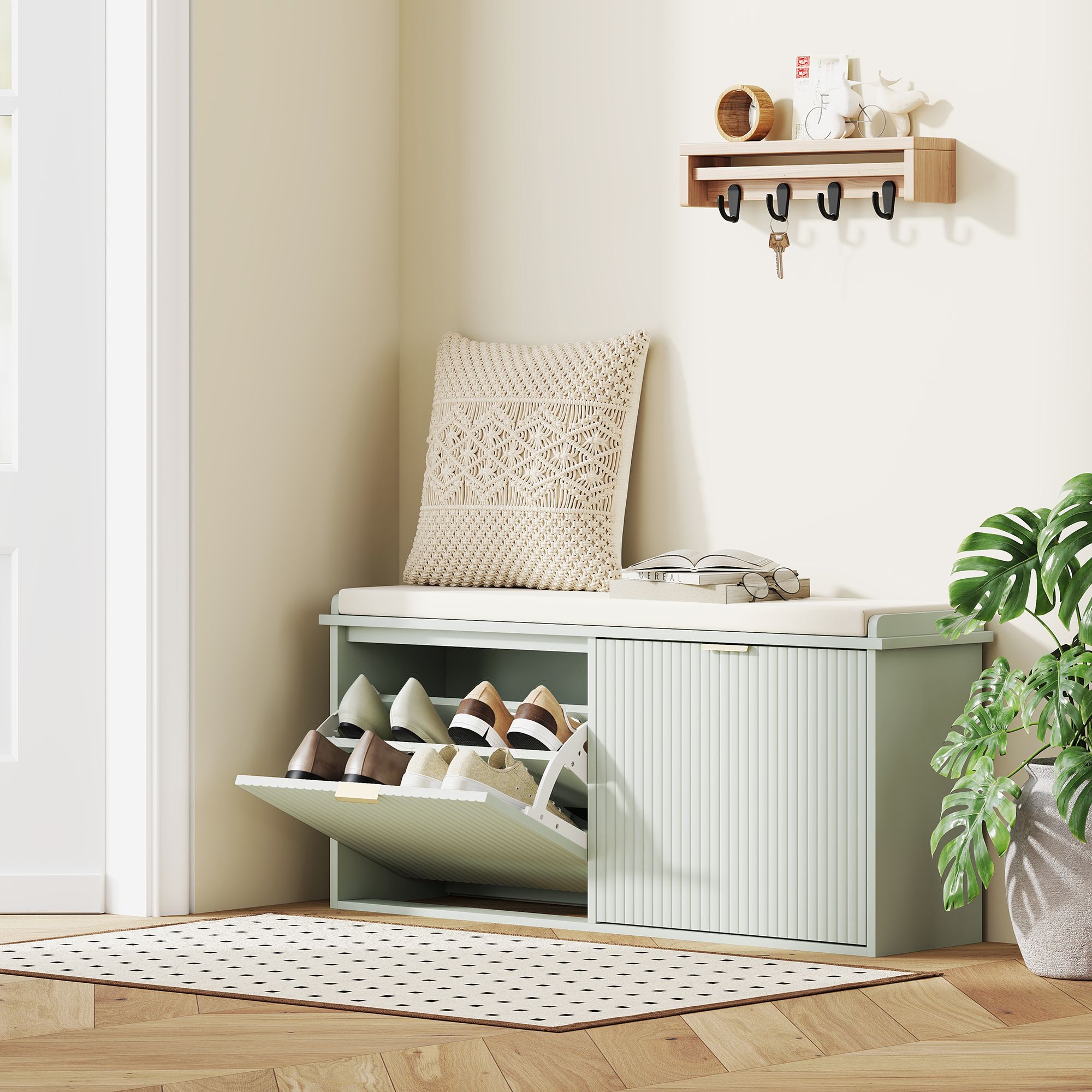 HOMCOM Shoe Storage Bench with Cushion & Flip-Drawer 104x26x47.5cm in Green