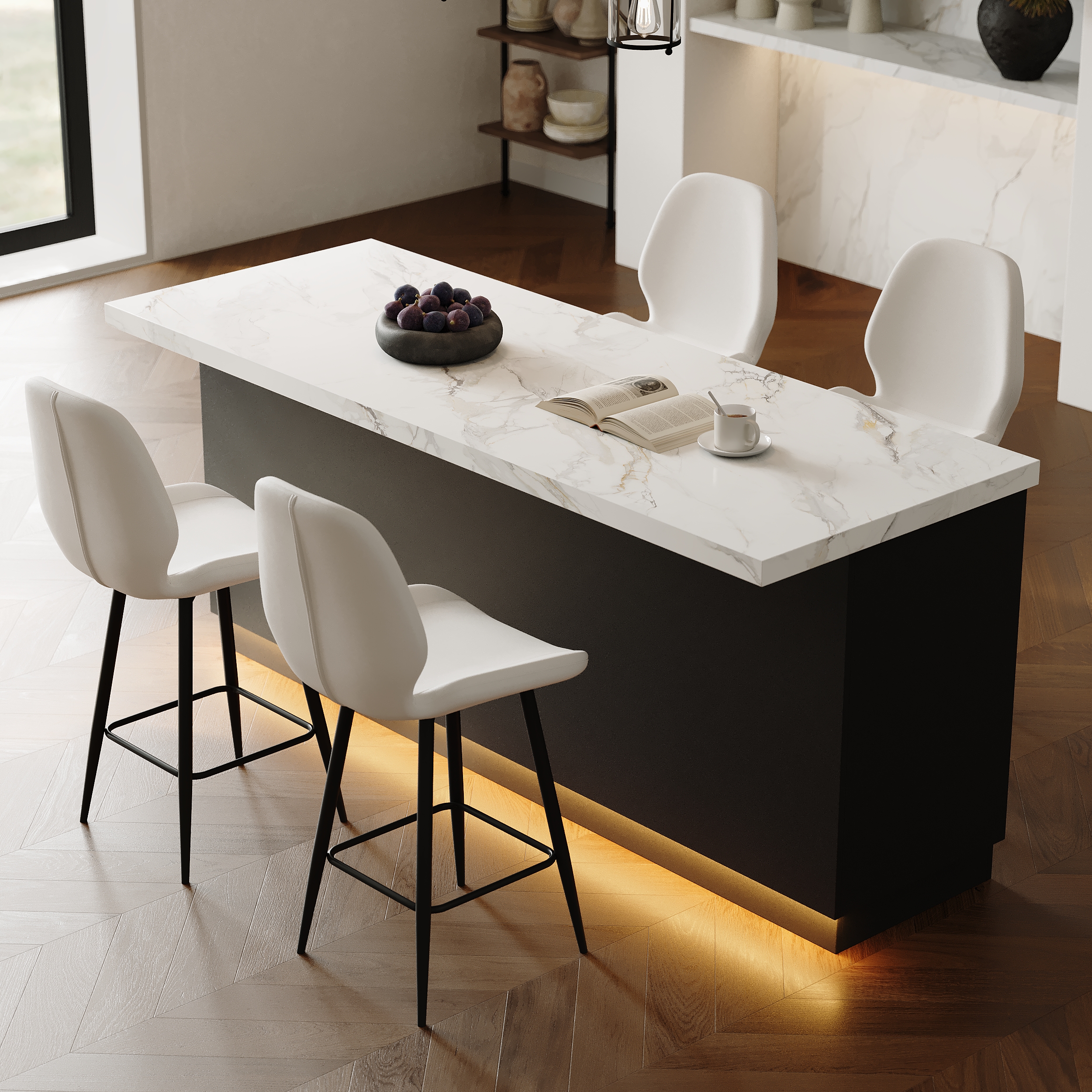 180 cm Japandi Kitchen lsland  White Wooden Storage Kitchen Cabinet with Light