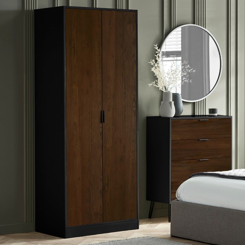 Alba – 2 Door Wardrobe – Walnut and Black – Lacquered MDF - Happy Beds