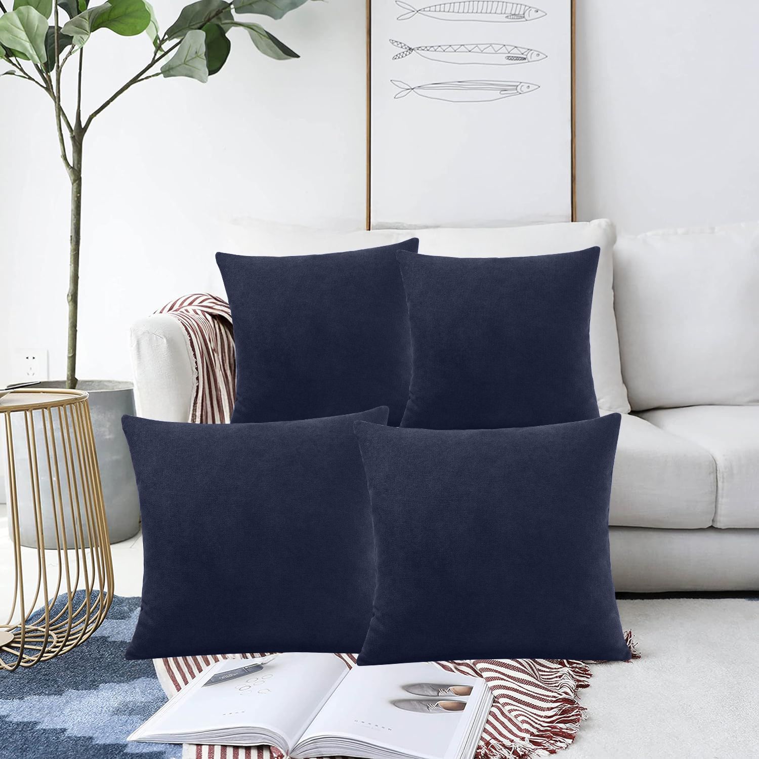 Luxury Living Set of 4 Velvet Chenille Cushions 45cm x 45cm with Removable Covers & Plush Pads - Soft, Stylish Home Décor