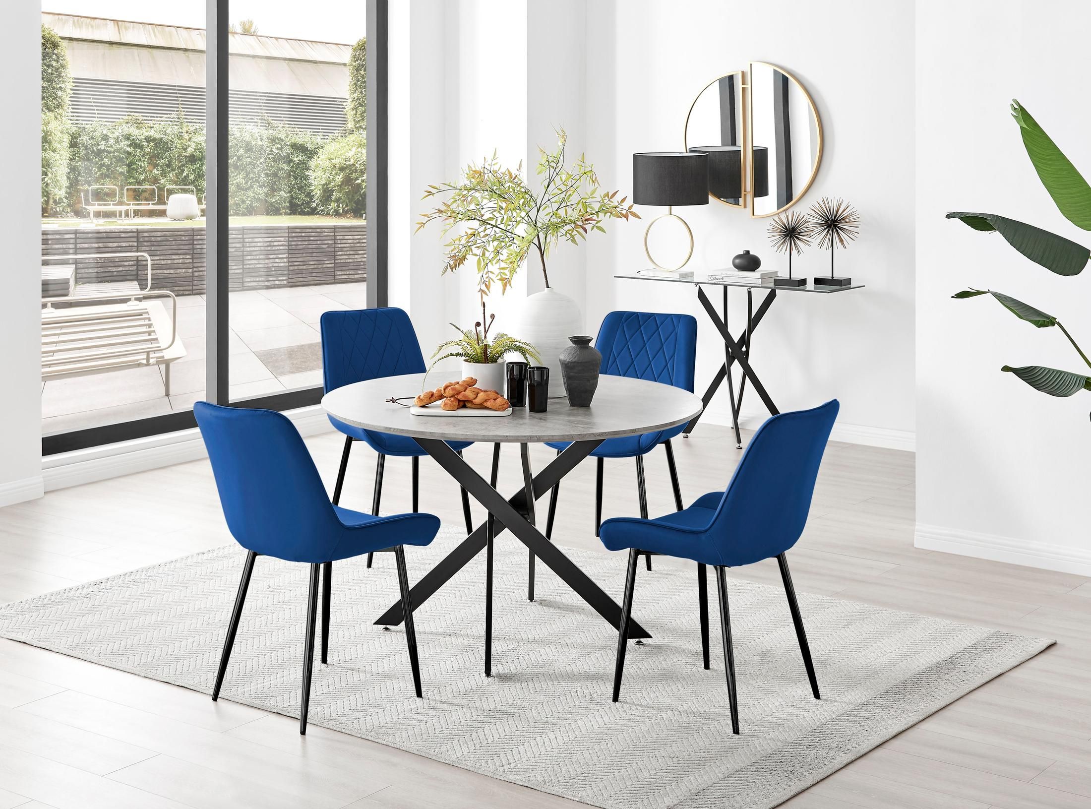 FurnitureboxUK Novara Grey Concrete Effect Black Leg 120cm Round Dining Table & 4 Pesaro Black Leg Chairs in Navy