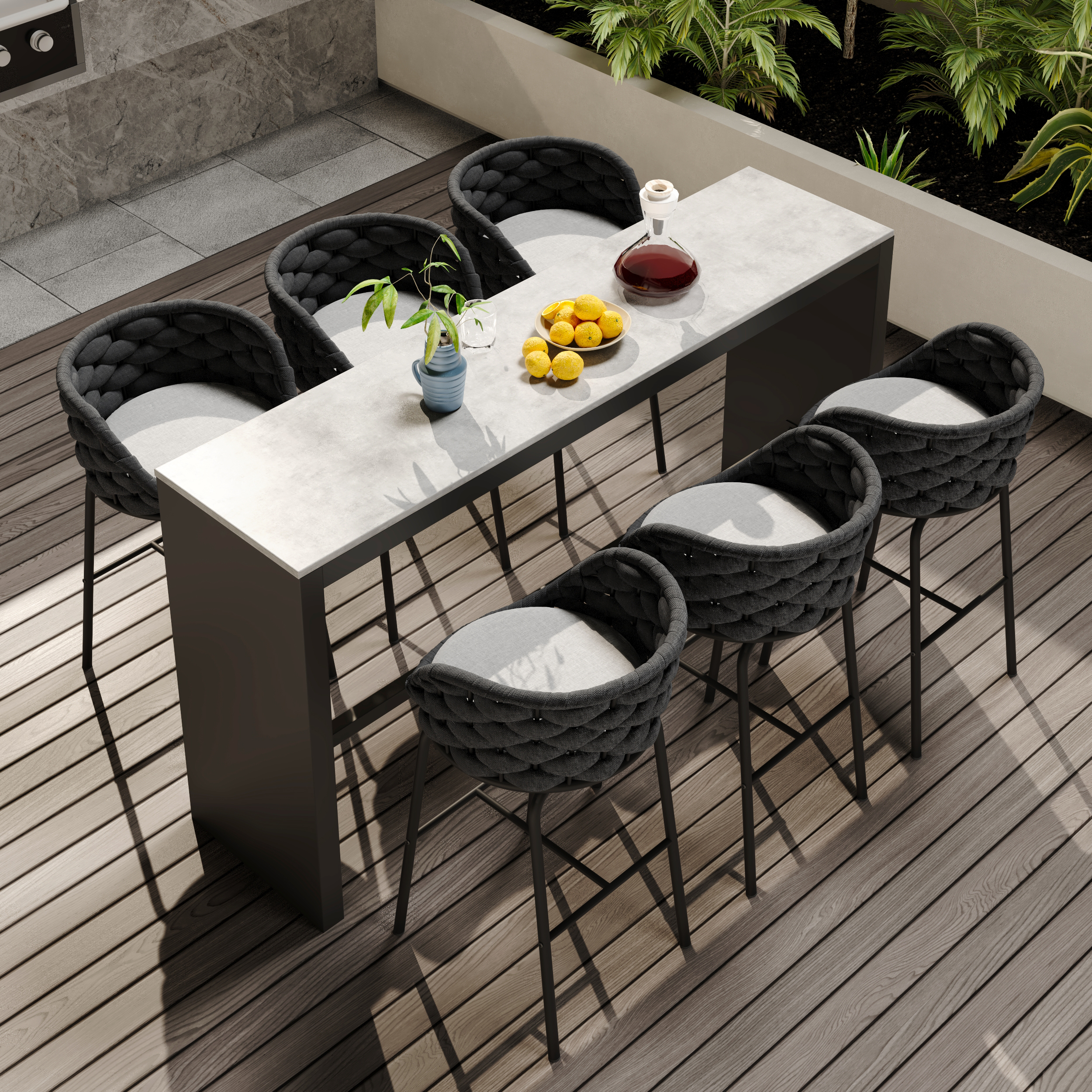 7-Piece Garden Sintered Stone & Aluminium Bar Dining Set with 6 Bar Stools in Dark Grey