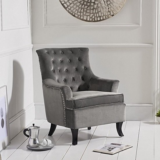 Barrow Modern Accent Chair In Grey Velvet With Black Legs