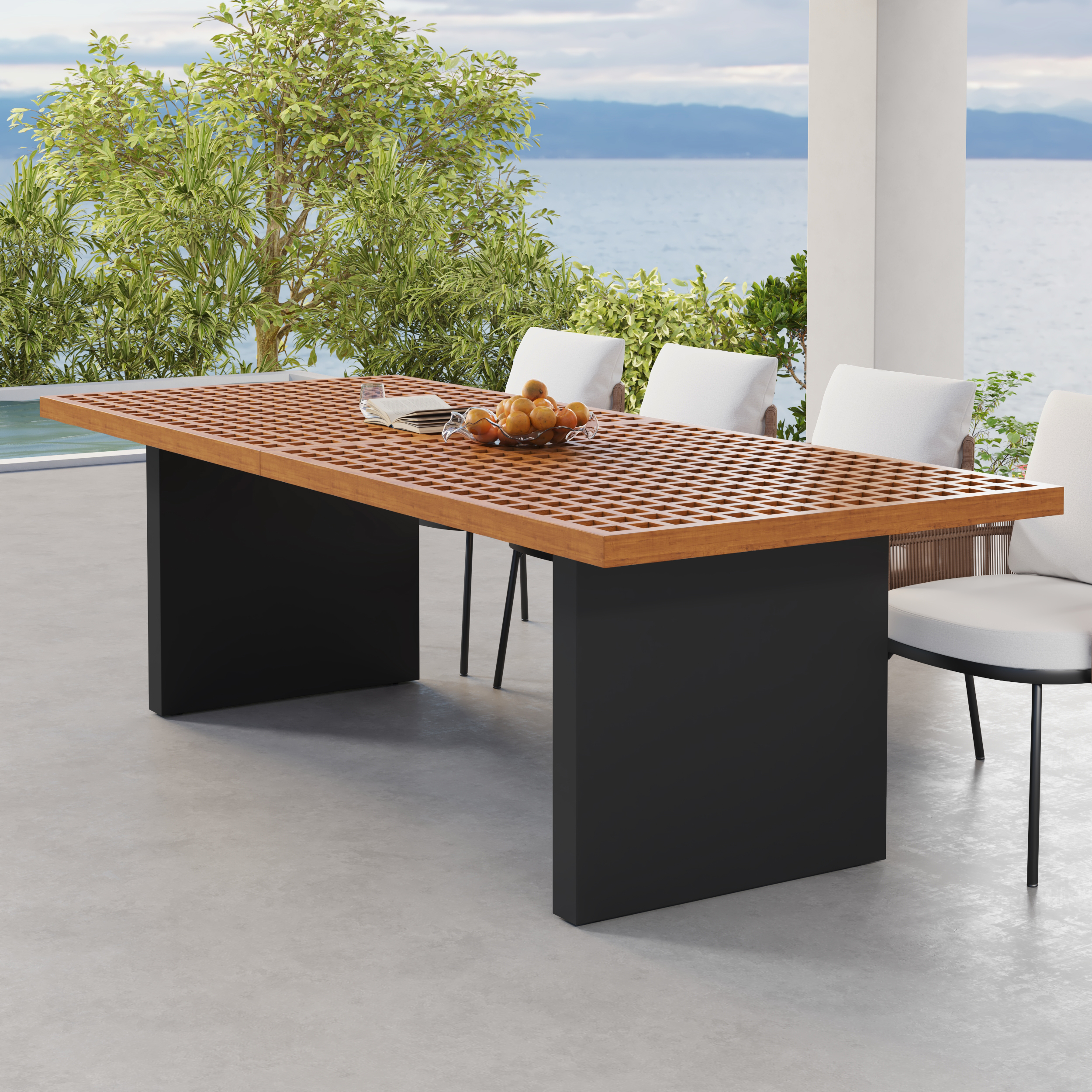 94.5'' Outdoor Patio Teak Rectangle Dining Table for 8 Person, 8 Person Hollow Teak Dining Table for Outdoor Patio & Yard