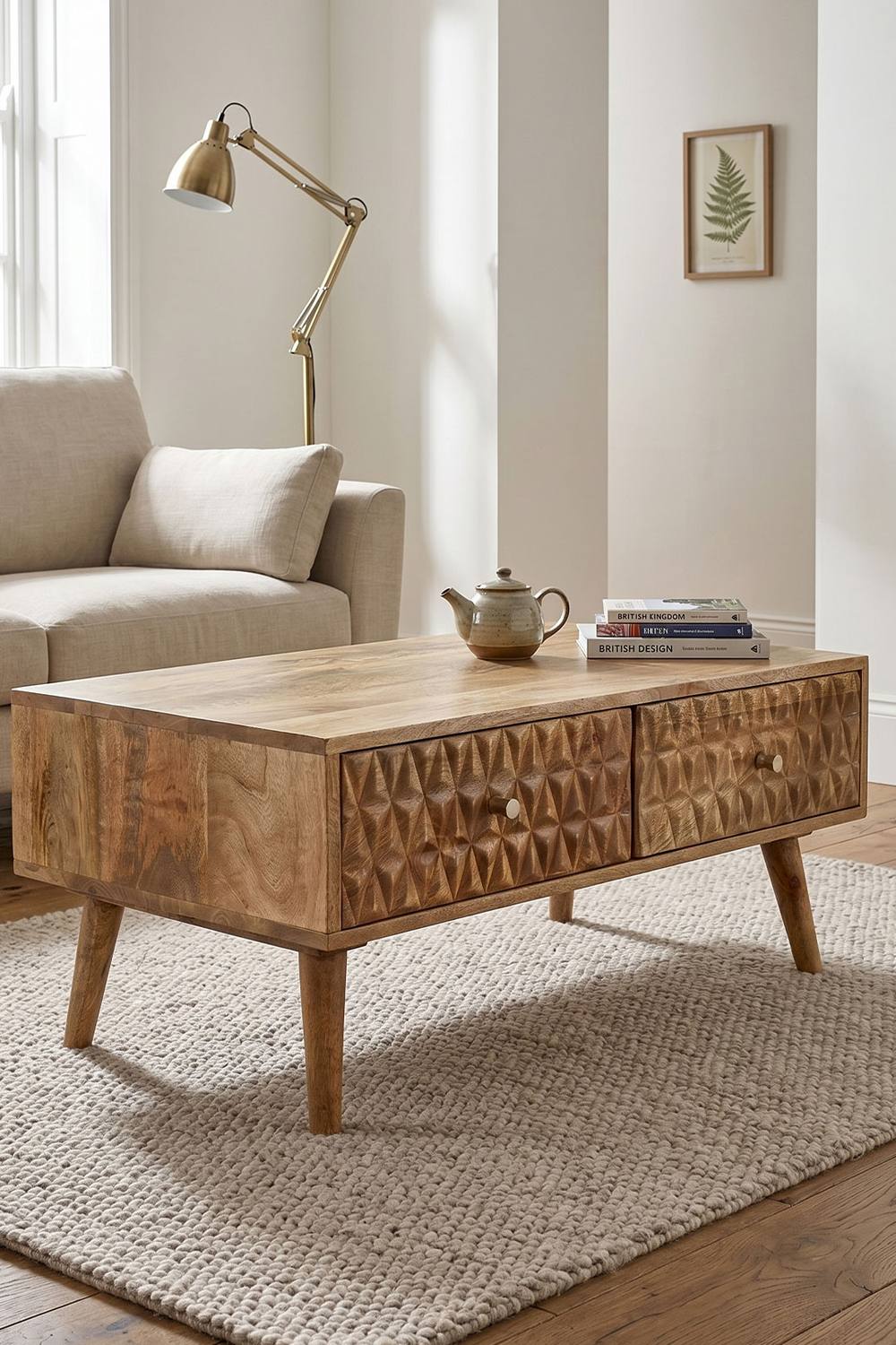 IH Design Cliddesden Light Mango Wood Coffee Table 2 Drawers in Natural