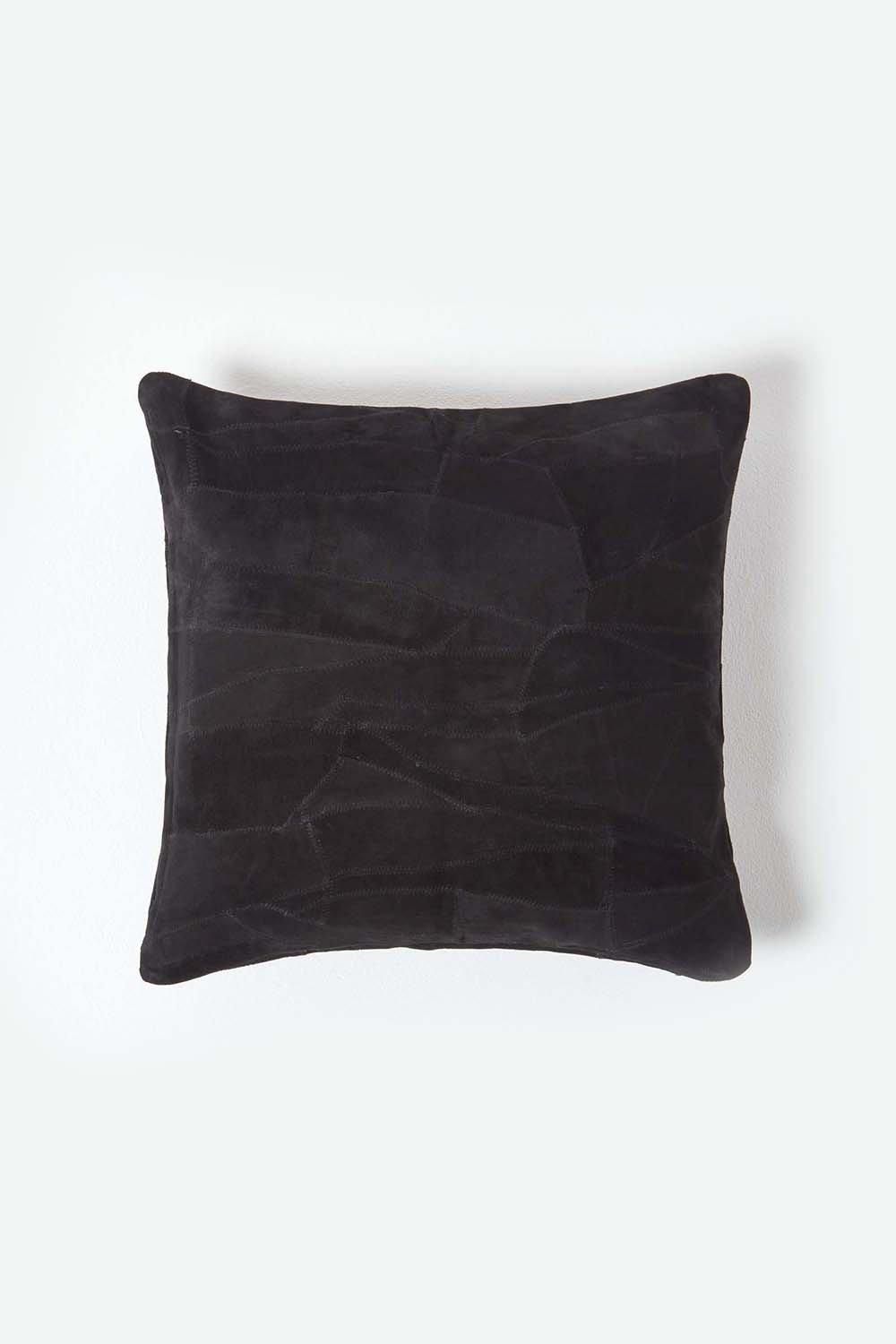 Homescapes Real Leather Suede Cushion with Feather Filling in Black