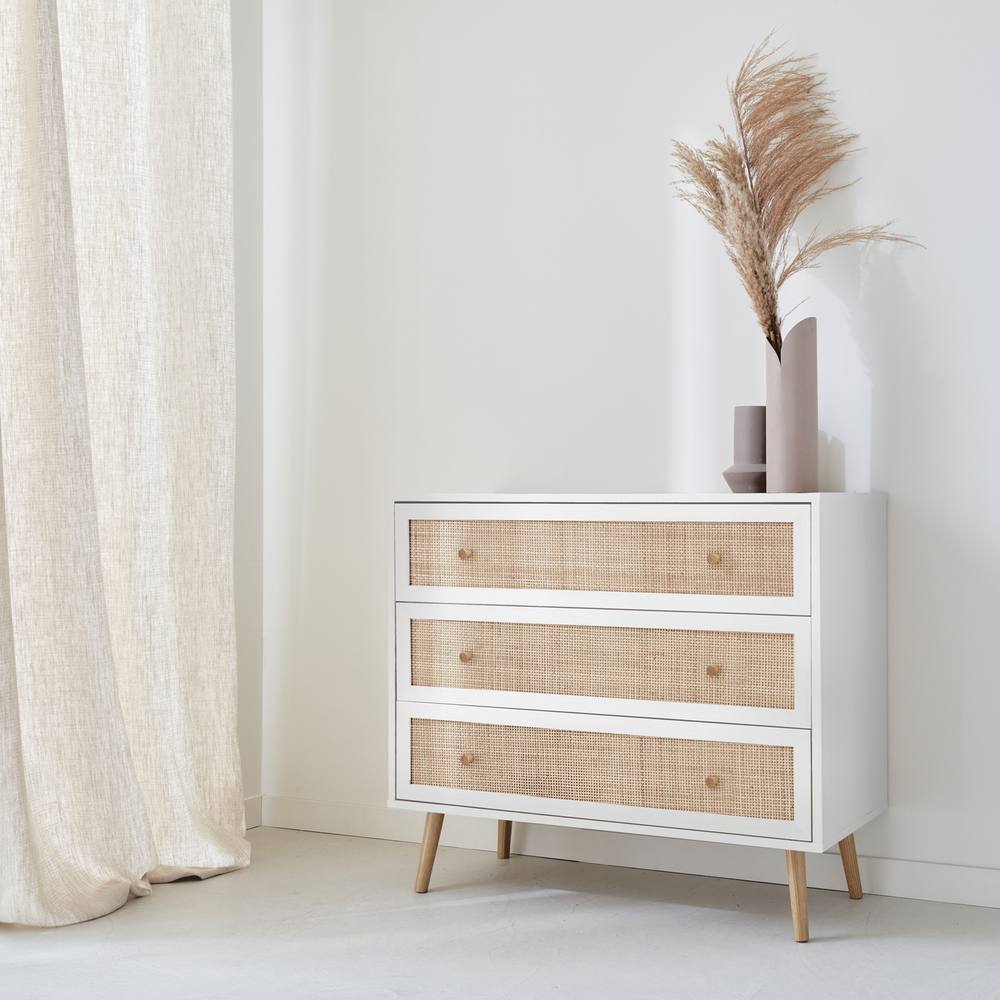 sweeek 3-drawer Chest With Wood & Cane Effect in White
