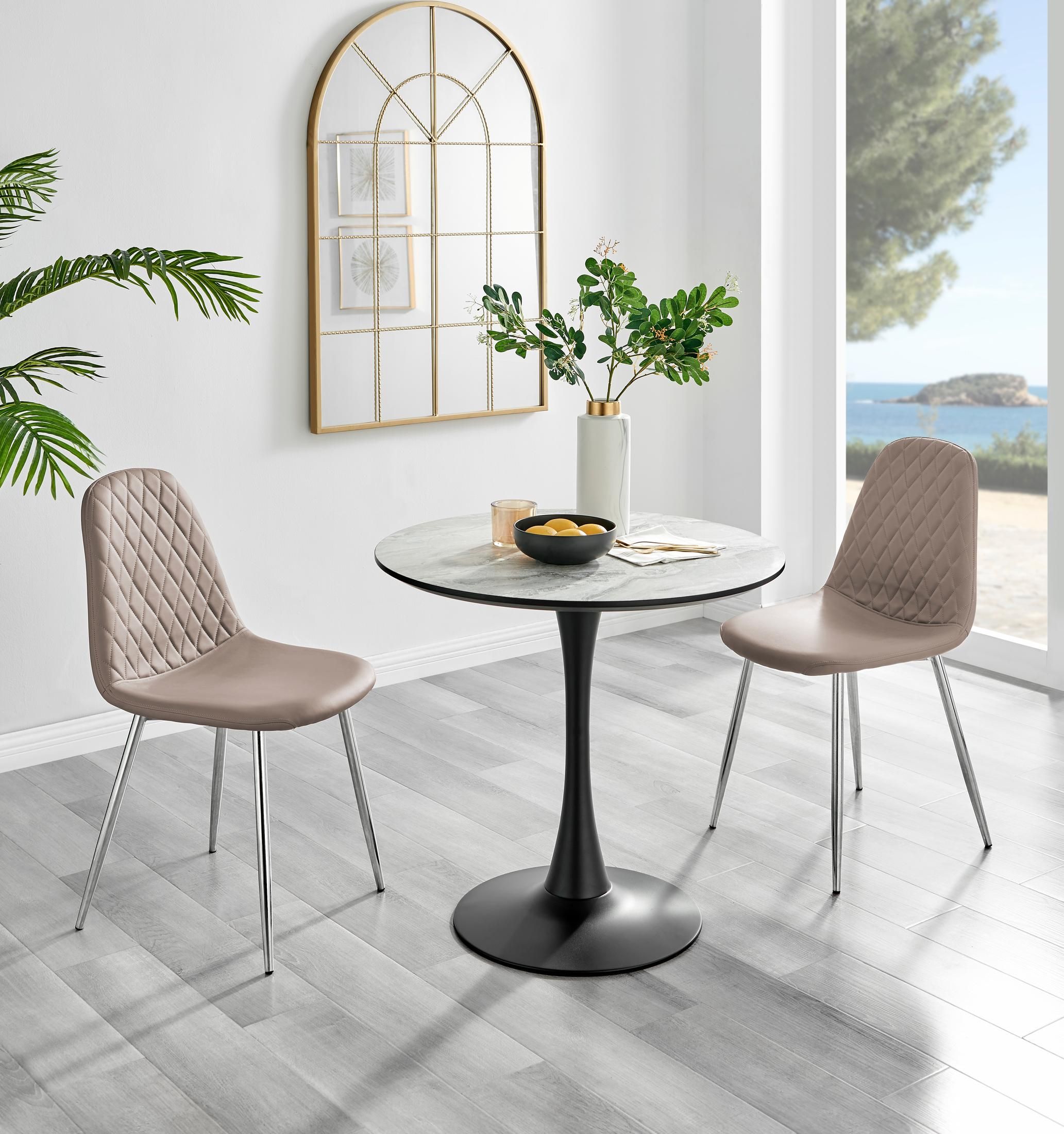 FurnitureboxUK Elina White Marble Effect Scratch Resistant Dining Table & 2 Corona Silver Chairs in Beige