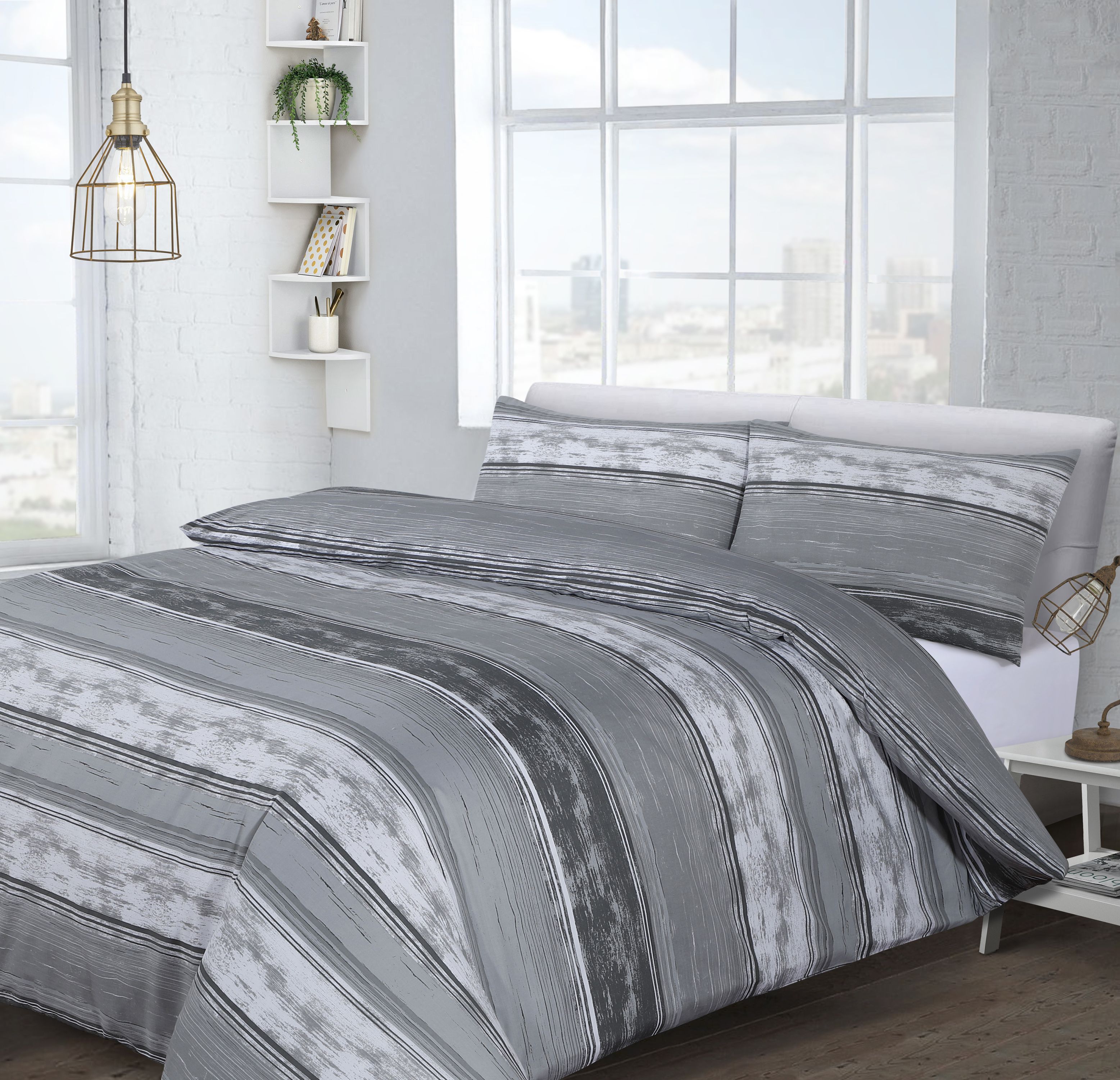 Velosso Brooklyn Stripe Cotton Rich Printed Duvet Cover & Pillowcase Set in Grey
