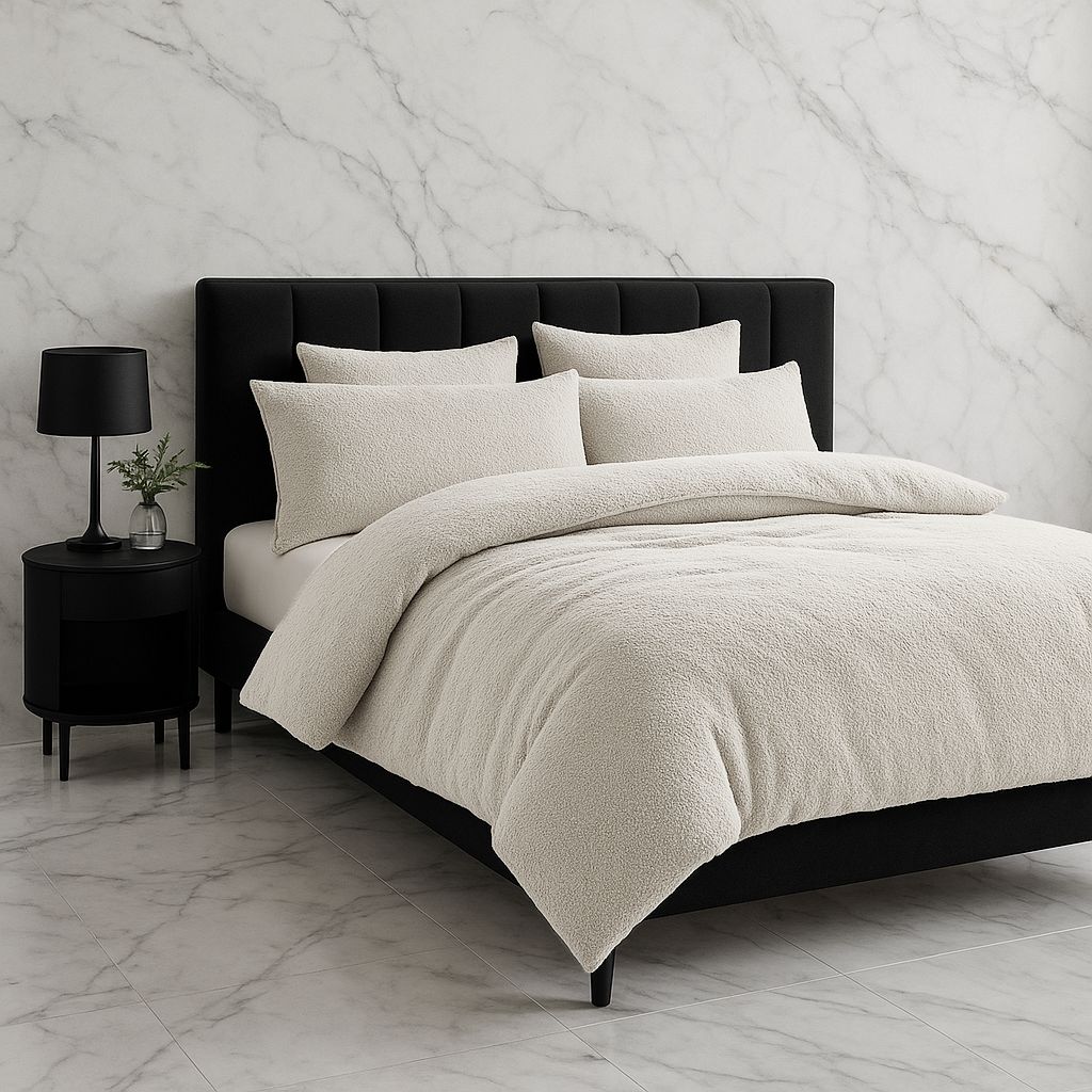 Snug City Teddy Bear Fleece Soft Cosy Duvet Cover + Pillow Case Set in Cream