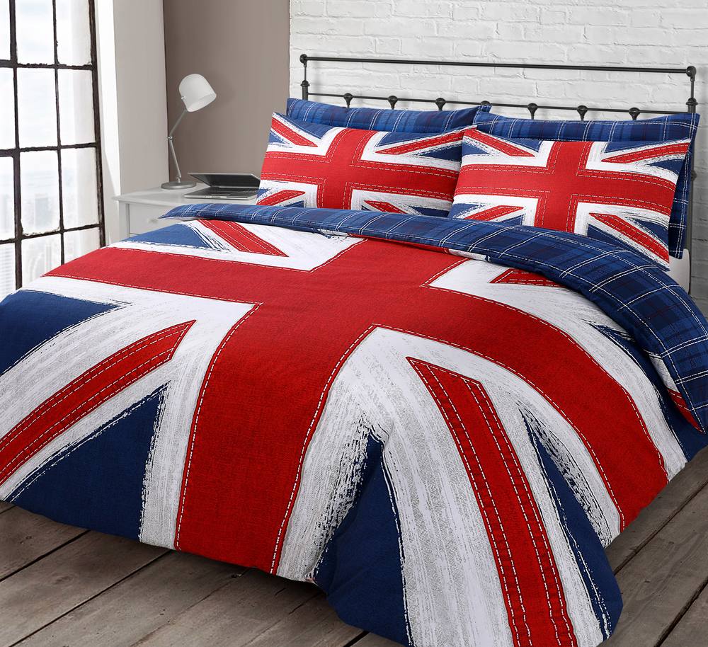 Velosso Union Jack Reversible Cotton Rich Printed Duvet Cover & Pillowcase Set in Blue