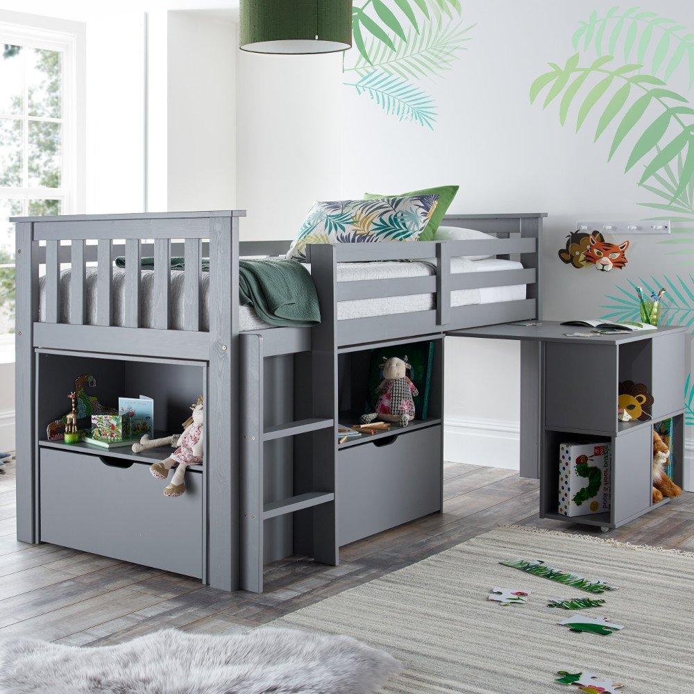 Milo Grey Wooden Mid Sleeper Kids Bed Frame - 3ft Single