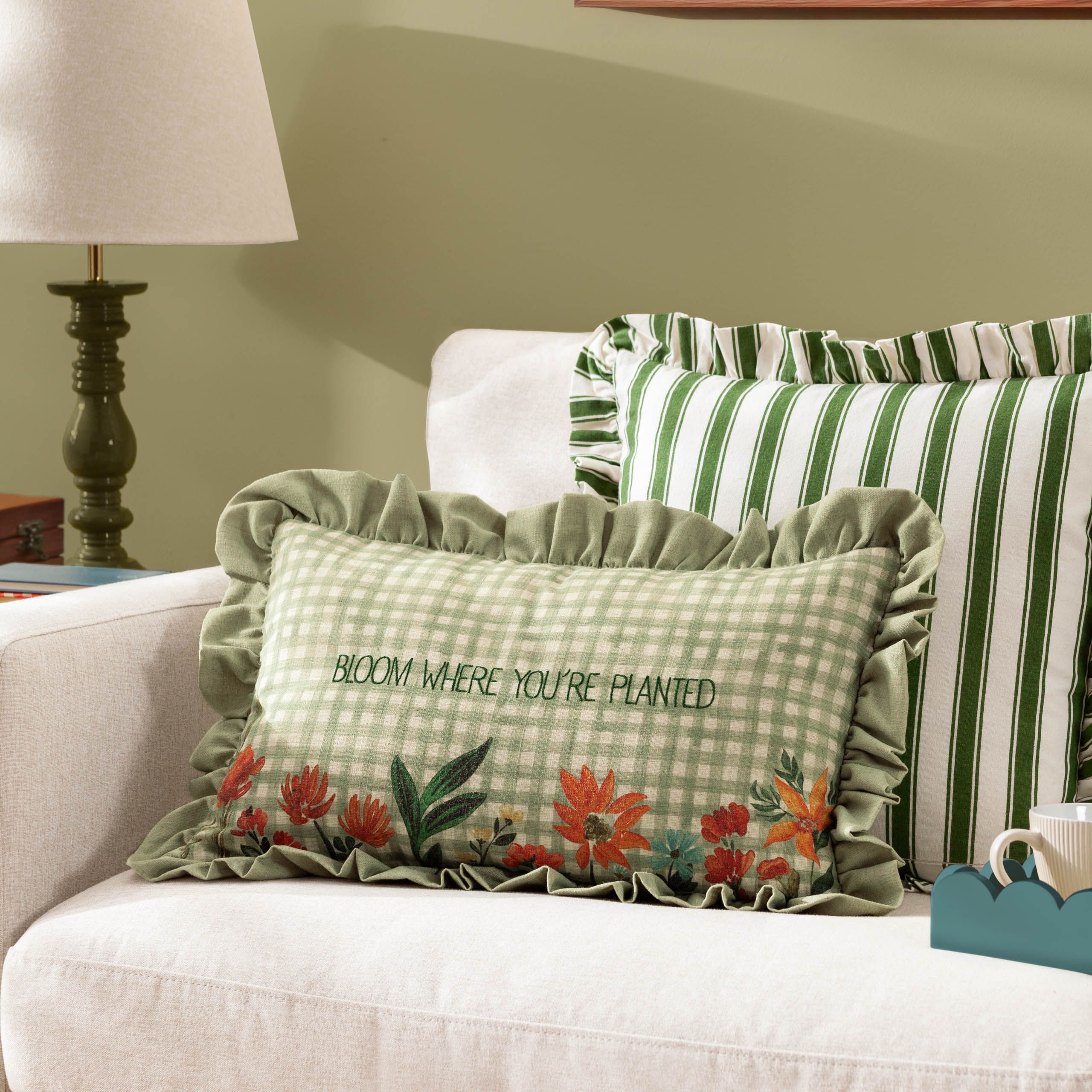 Furn Meadow Haze Floral Embroidered Ruffle Cushion in Green