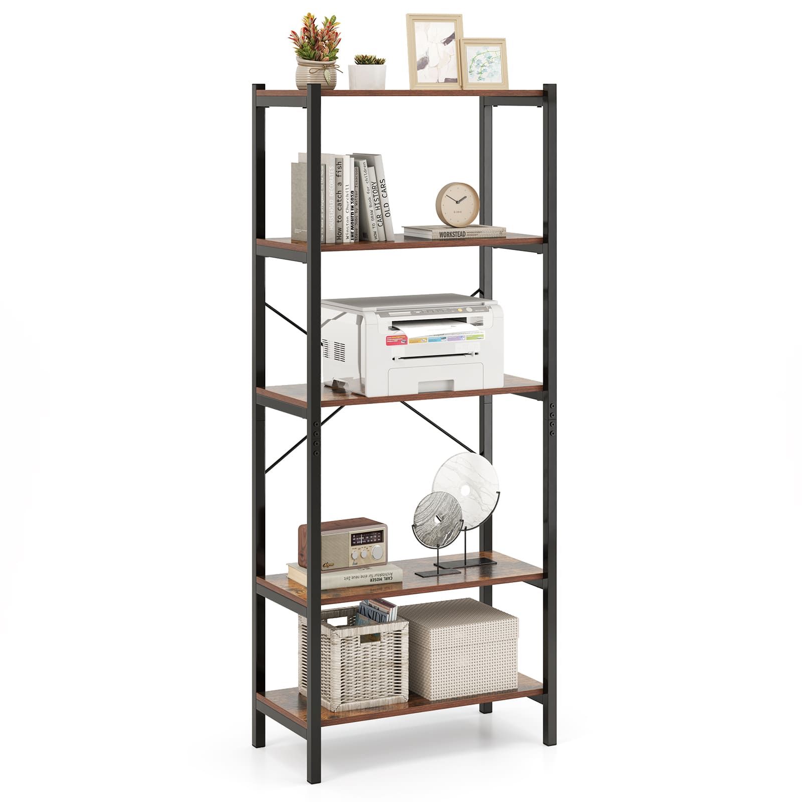 Costway 5-Tier Bookshelf Bookcase Display Rack with Metal Frame-Coffee in Dark Brown