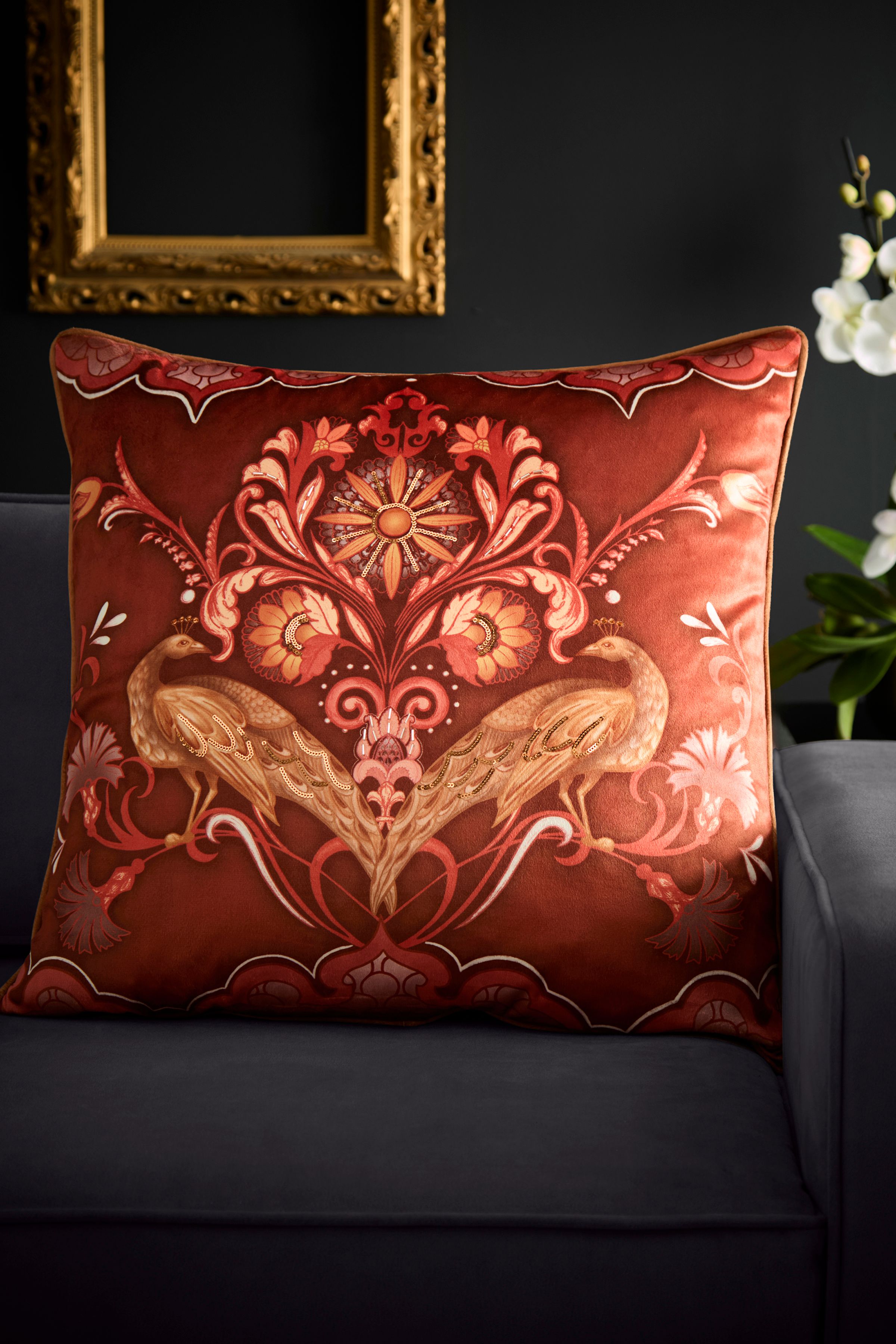 Laurence Llewelyn-Bowen 'Veritas' Arts & Crafts Print Velvet Filled Cushion in Red