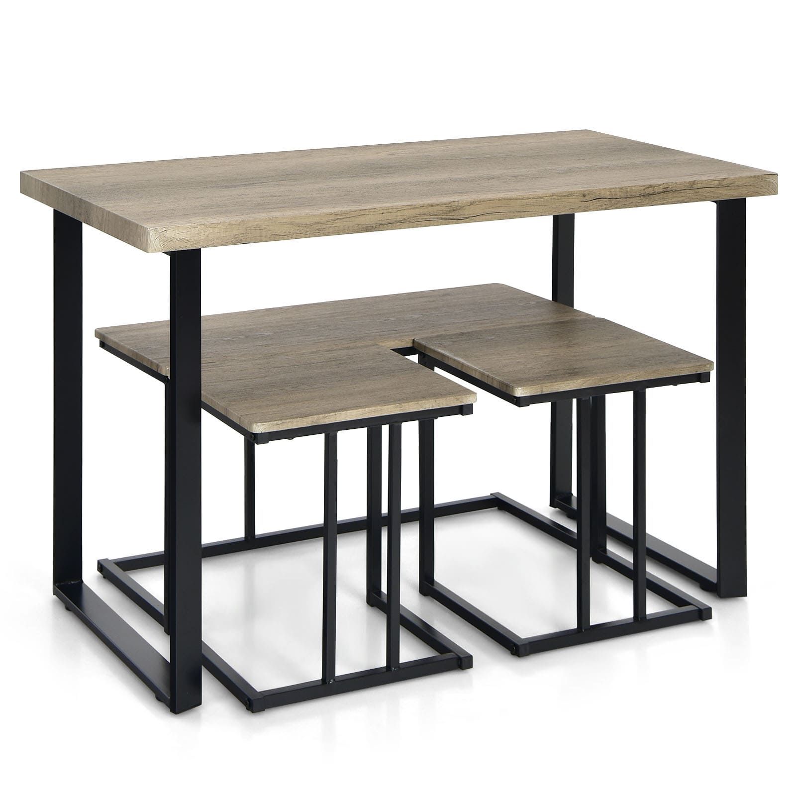 Costway 4PCS Industrial Dining Table & Chair Set Kitchen Furniture Table Bench 2 Stools in Grey