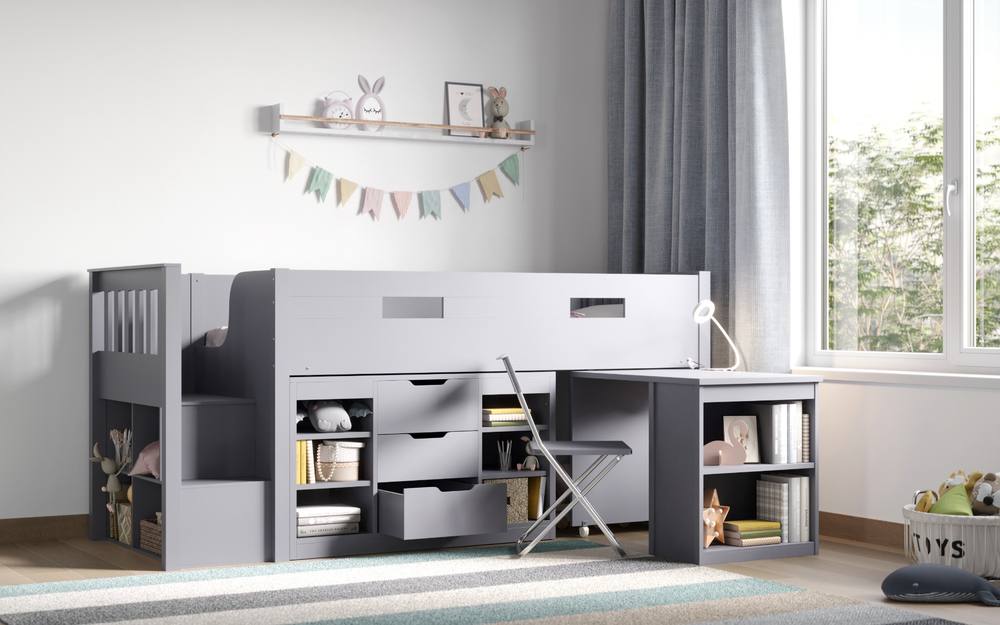 Flair Charlie Staircase Mid Sleeper Cabin Bed with Storage & Desk in Grey