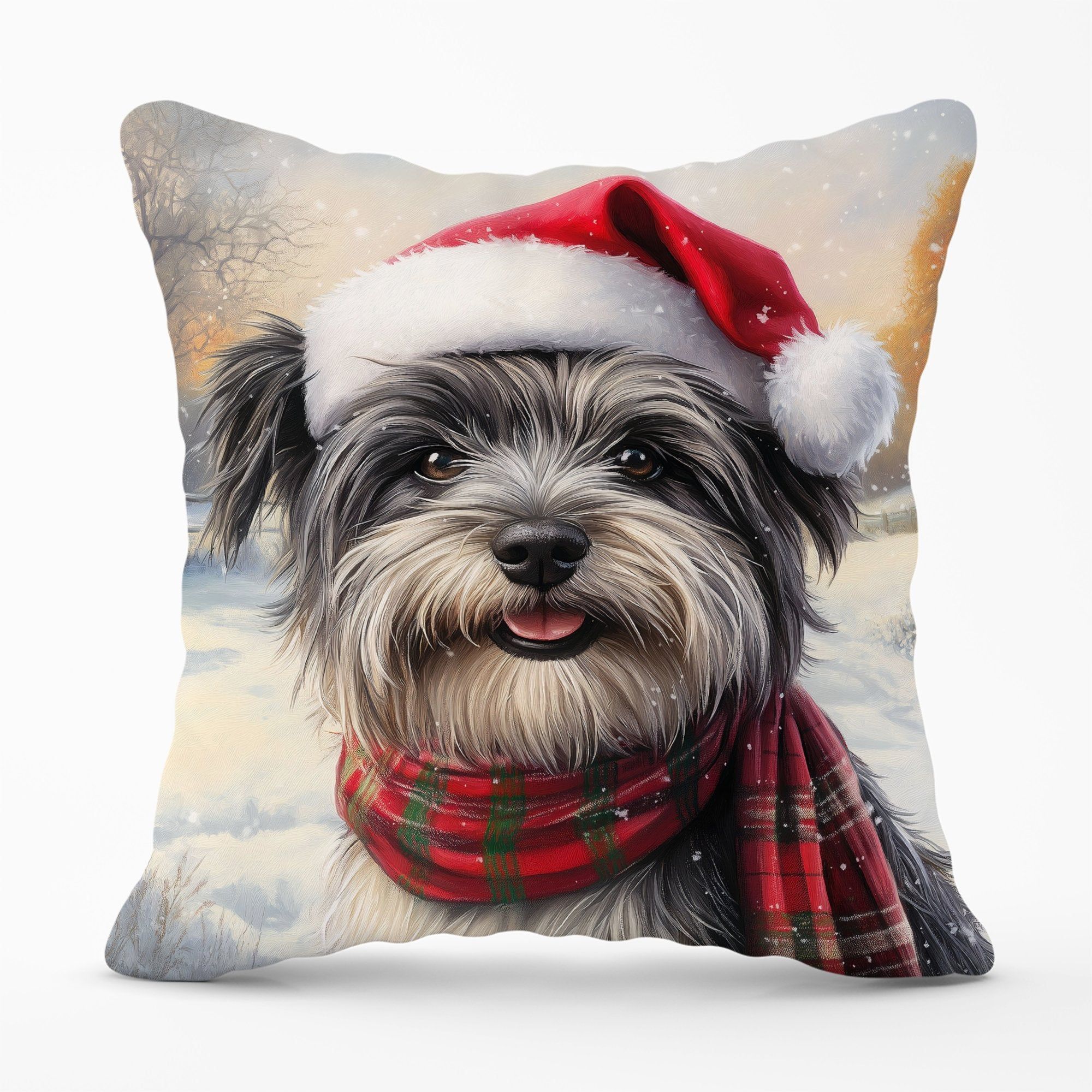 Warren Reed - Designer Snowy Christmas Skye Terrier Cushion in Grey