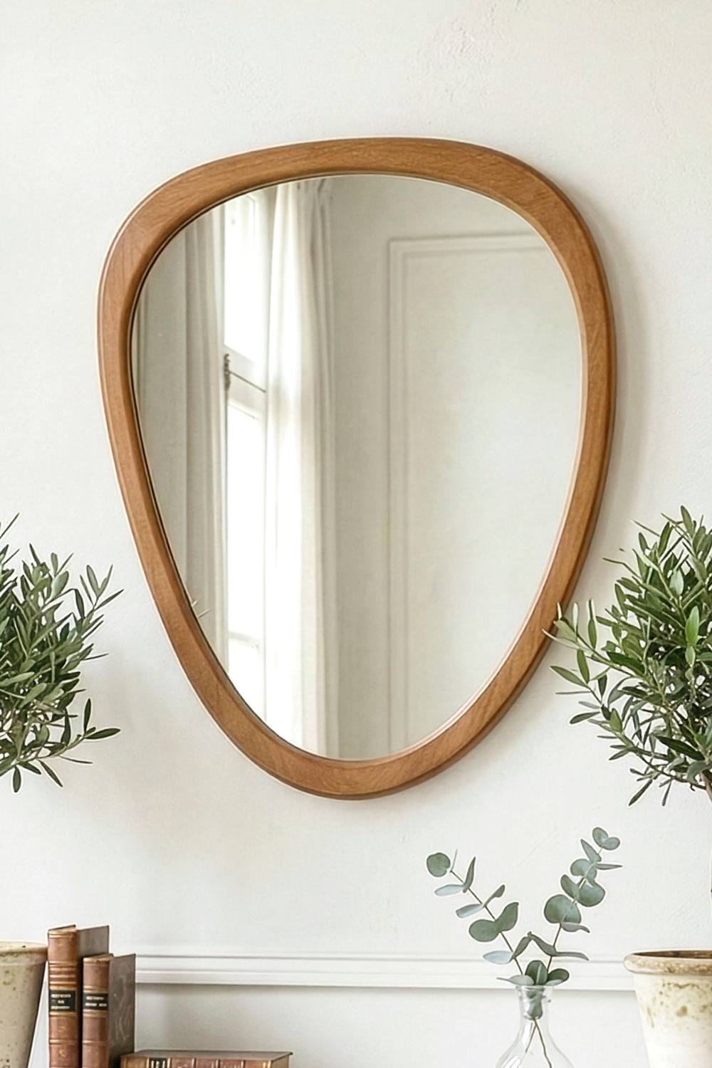 Dibor Contemporary Style Wood Decorative Wall Mirror Bathroom, Bedroom Pebble Mirror H65cm x W50cm in Beige