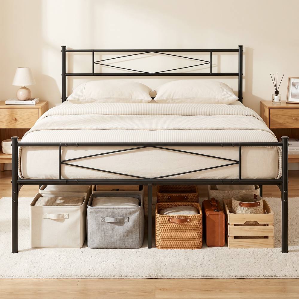 HOMCOM 4ft6 Double Bed Frame with Steel Slat Support, Noise-Free, Black