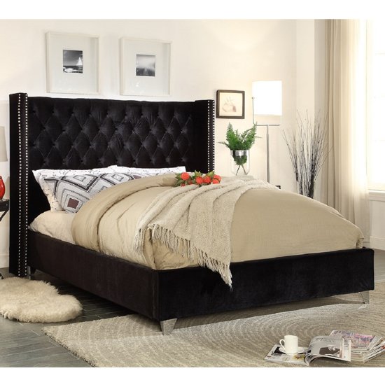 Apopka Plush Velvet Upholstered Small Double Bed In Black