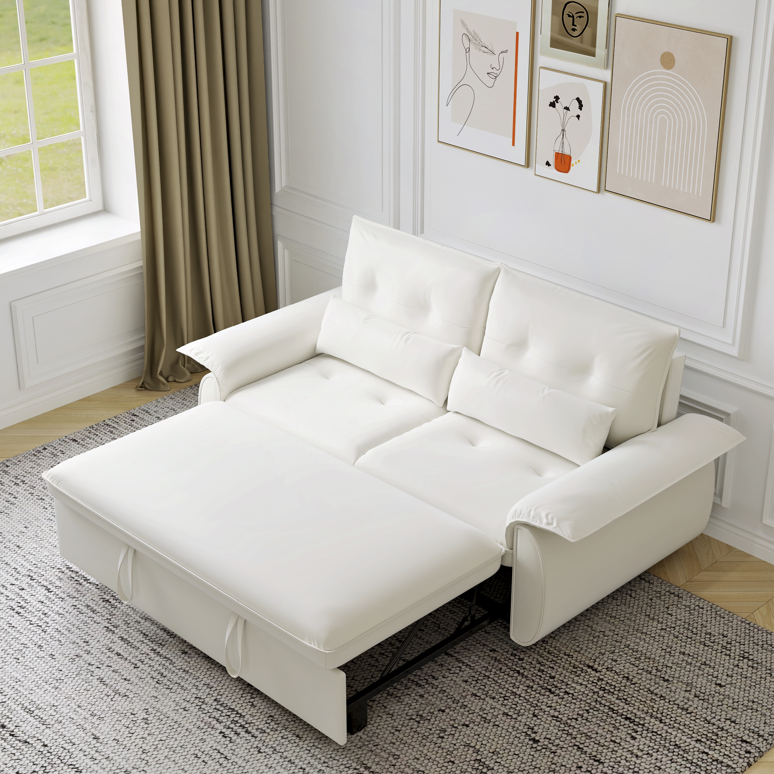 1850mm Faux Leather Pull Out Sleeper Sofa White Sofa Bed