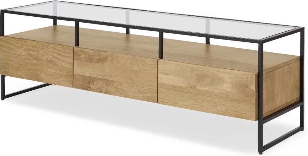 Kilby Wide TV Stand, Light Mango Wood and Glass