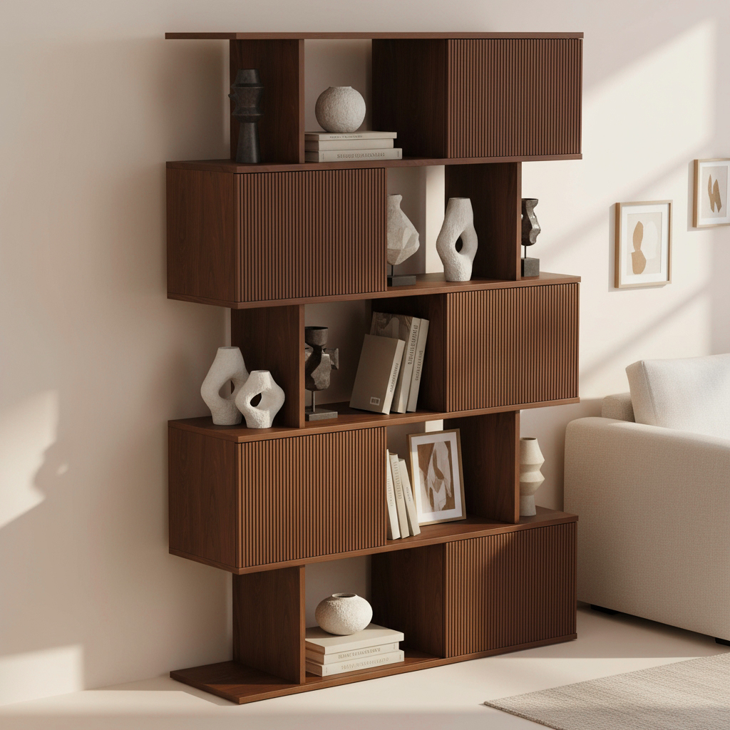 72.8" Walnut Sliding Door Etagere Bookshelf, 5-Shelf Tall Book Shelf, Mid-Century Modern Storage Cabinet with Fluted Doors