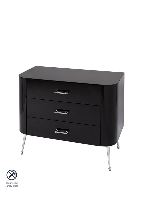 Mason Black Glass Chest of Drawers – Shiny Silver Legs