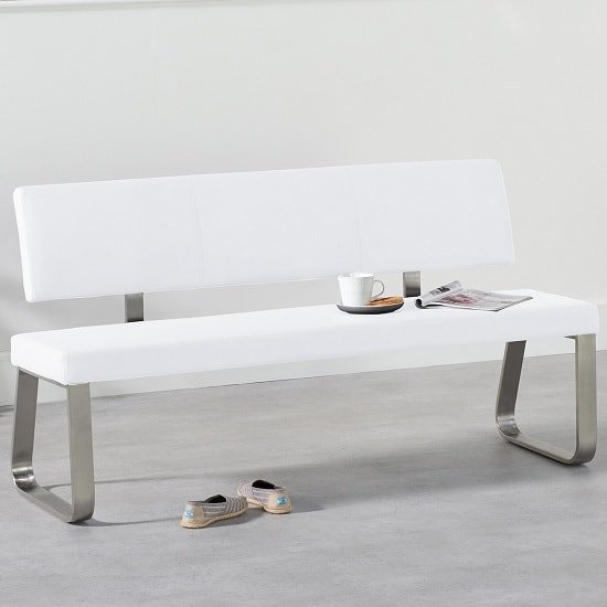 Calinok Large Dining Bench In White Faux Leather