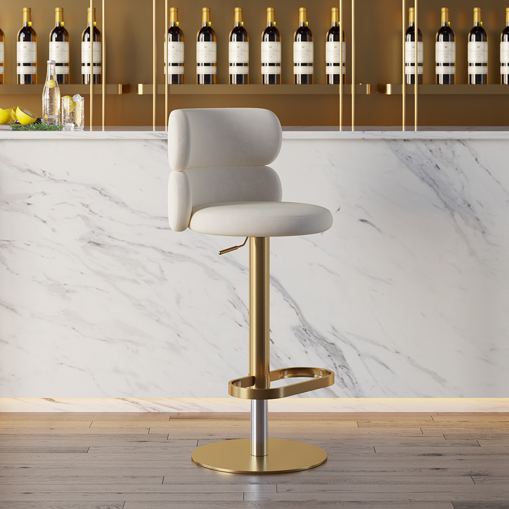 Bar Stool Velvet Upholstery Swivel Beige with Backrest Adjustable Height in Gold Finish Counter Stool Set of 6