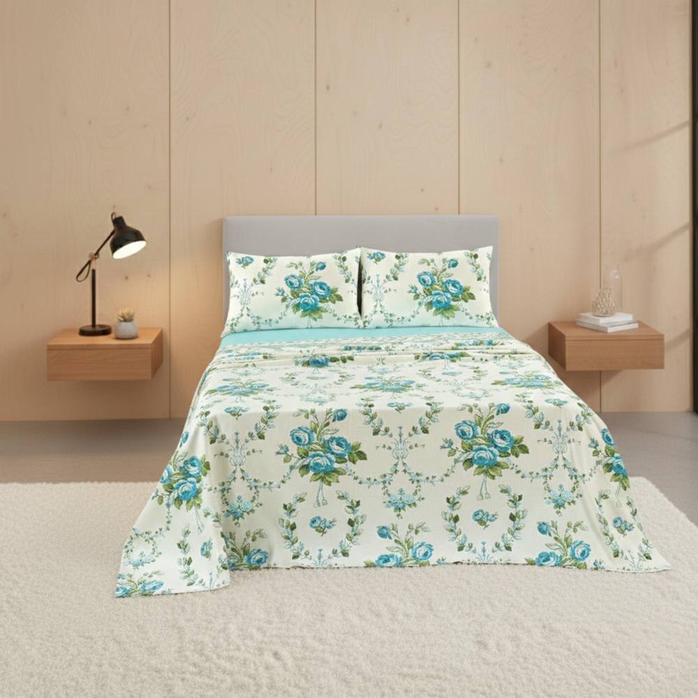 Snug City Soft Floral Brushed Cotton Fitted Flat Sheet & Matching Pillowcases in Blue