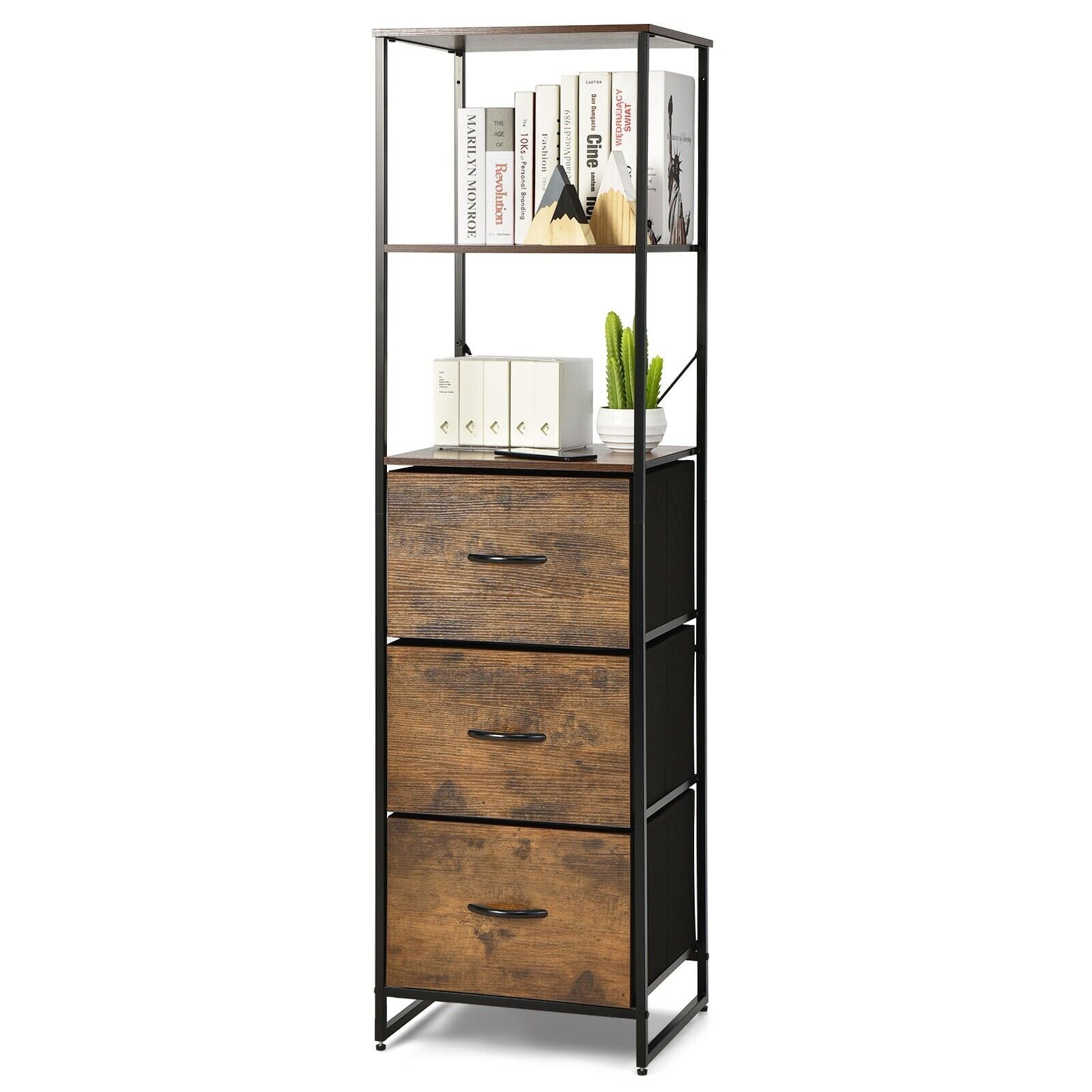 Costway Industrial Bookshelf 3Drawer Dresser Narrow Storage Rack w/ Steel Frame in Brown