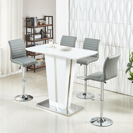 Memphis Glass Bar Table High Gloss White 4 Ripple Grey Stools