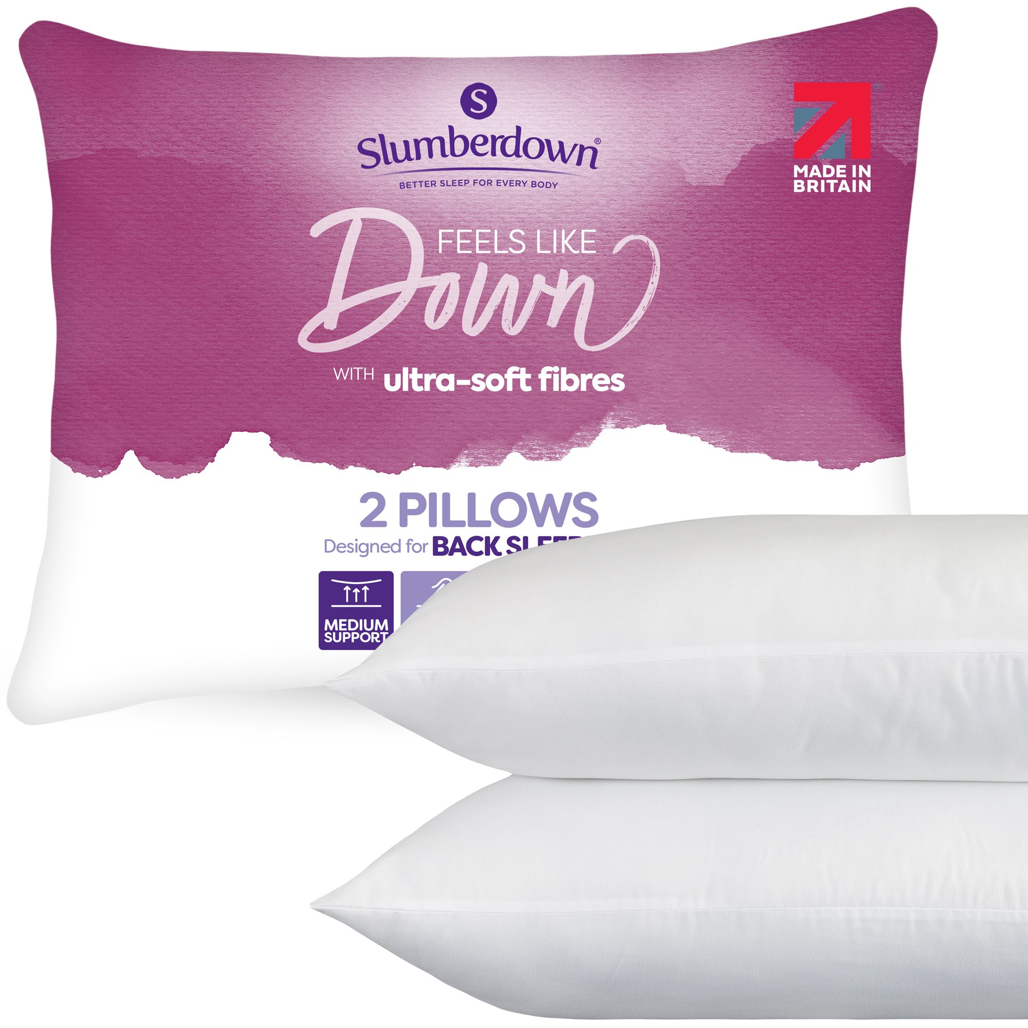 Slumberdown 2 Pack Feels Like Down Medium Support Pillows in White