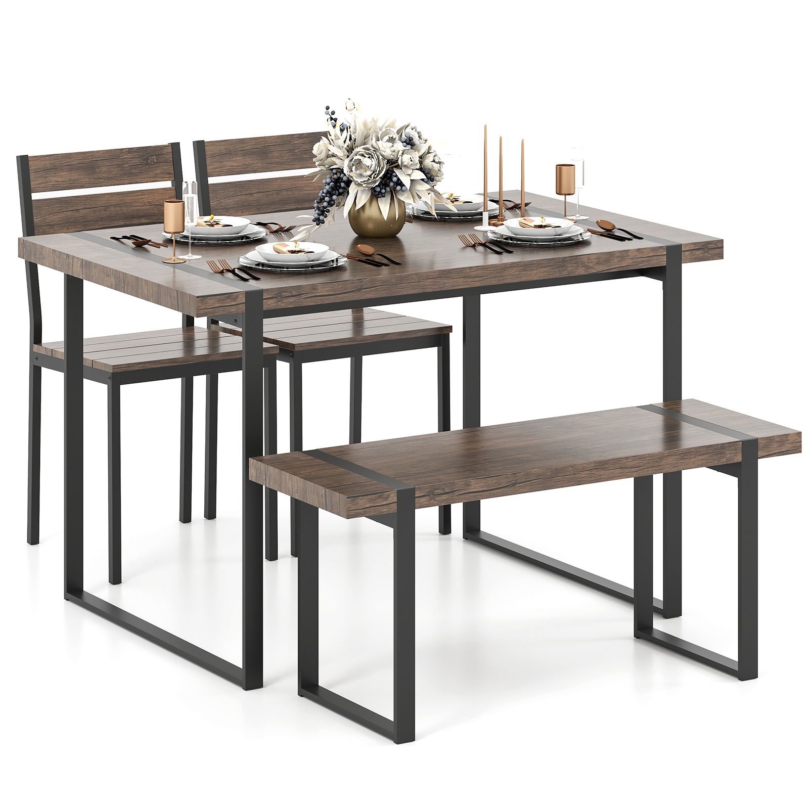 Costway 4PCS Dining Table Set for 4 Wooden Rectangular Kitchen Table in Grey