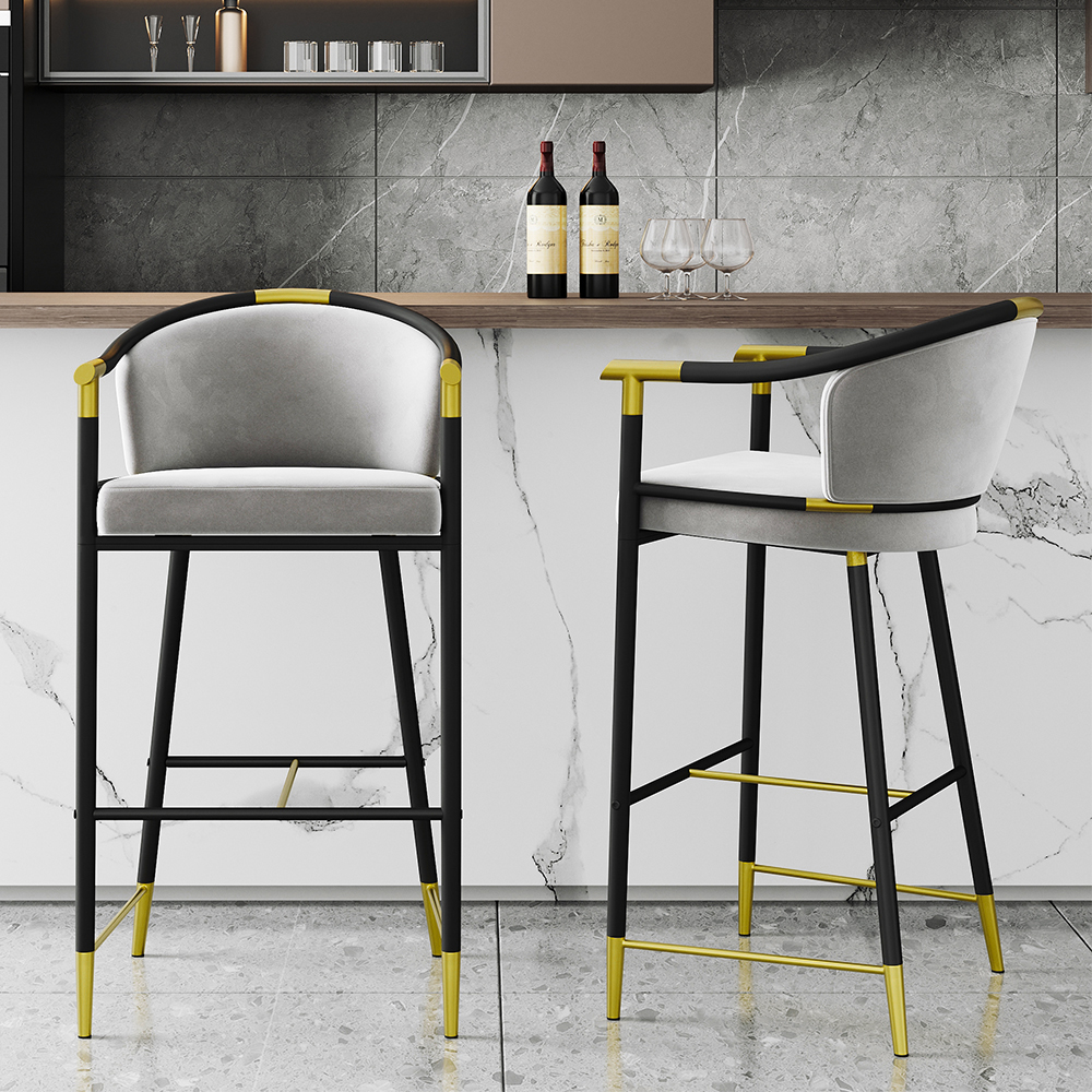 Cranis Modern Bar Height Bar Stool with Arms in Grey Upholstery Velvet 8-Pieces