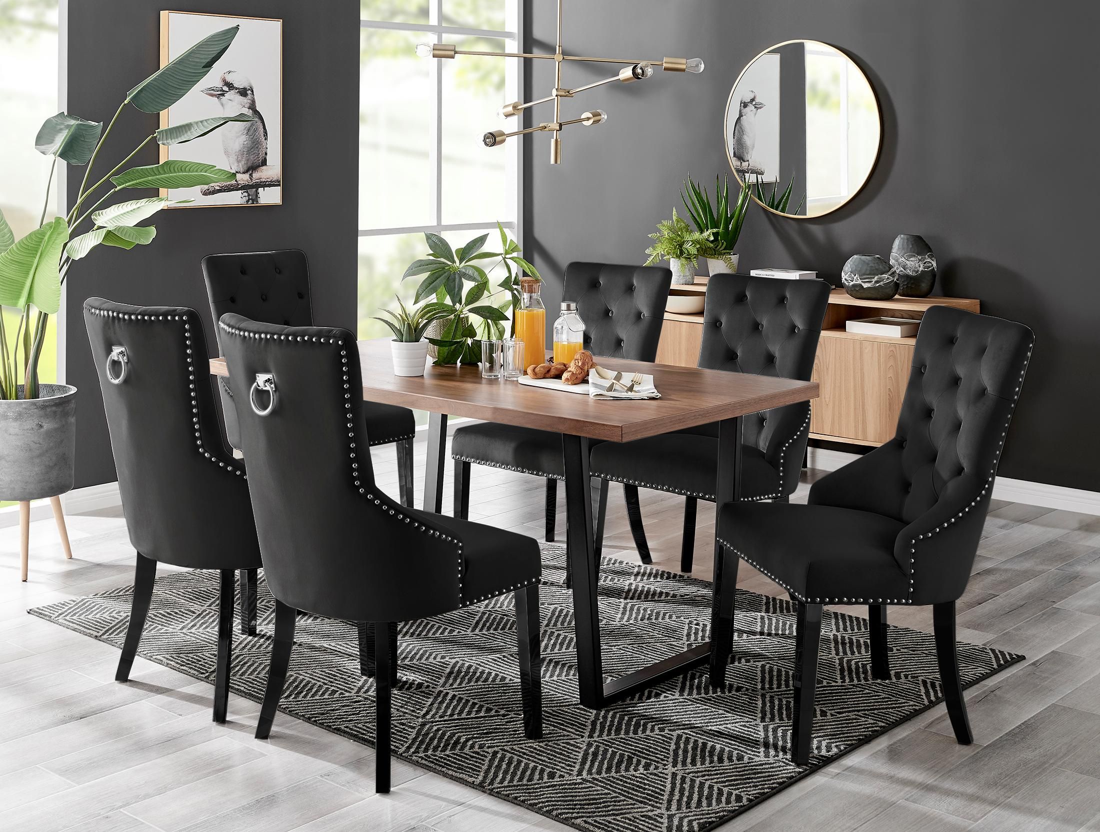 FurnitureboxUK Kylo Large Brown Wood Effect Dining Table & 6 Belgravia Black Leg Velvet Chairs
