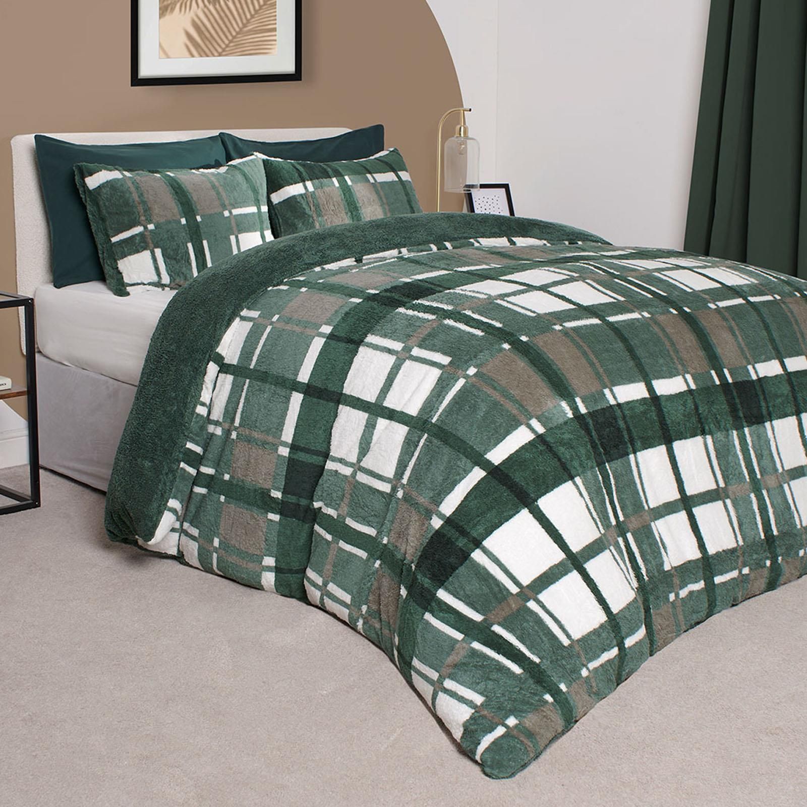 OHS Teddy Fleece Duvet Cover Set Pillowcase Bedding Check in Dark Green