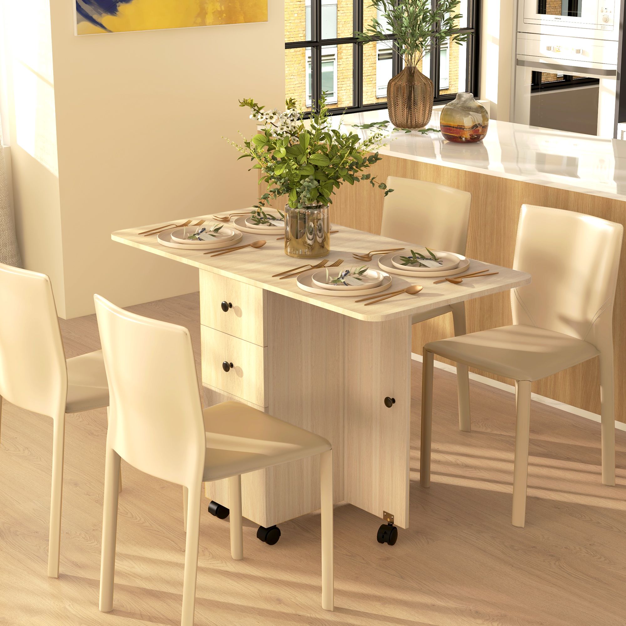 HOMCOM Folding Dining Table for 4-6 Drop Leaf Table on Wheels Natural Wood