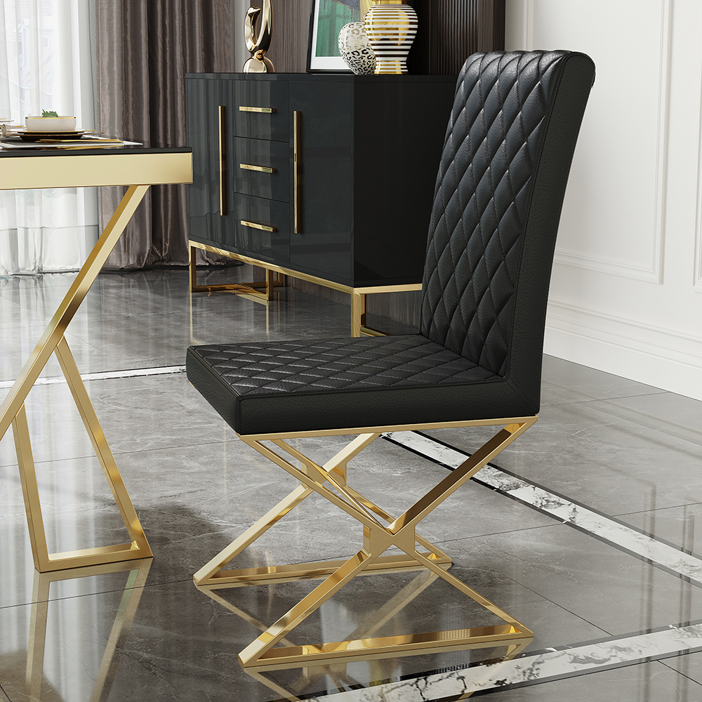 Set of 2 Modern Dining Chairs PU Leather Upholstered Black Dining Room Chair with Gold Legs