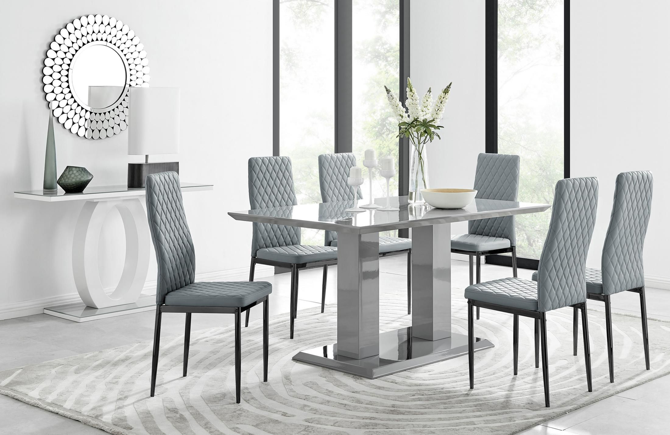 FurnitureboxUK Imperia 6 Grey Dining Table & 6 Milan Black Leg Chairs