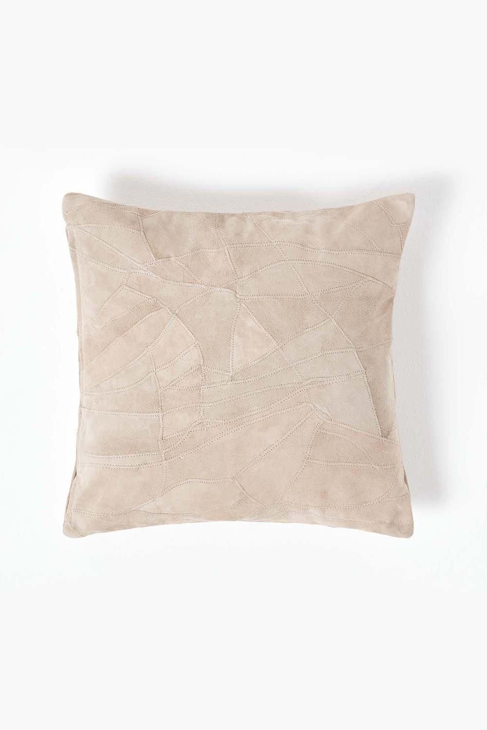 Homescapes Real Leather Suede Cushion with Feather Filling in Cream