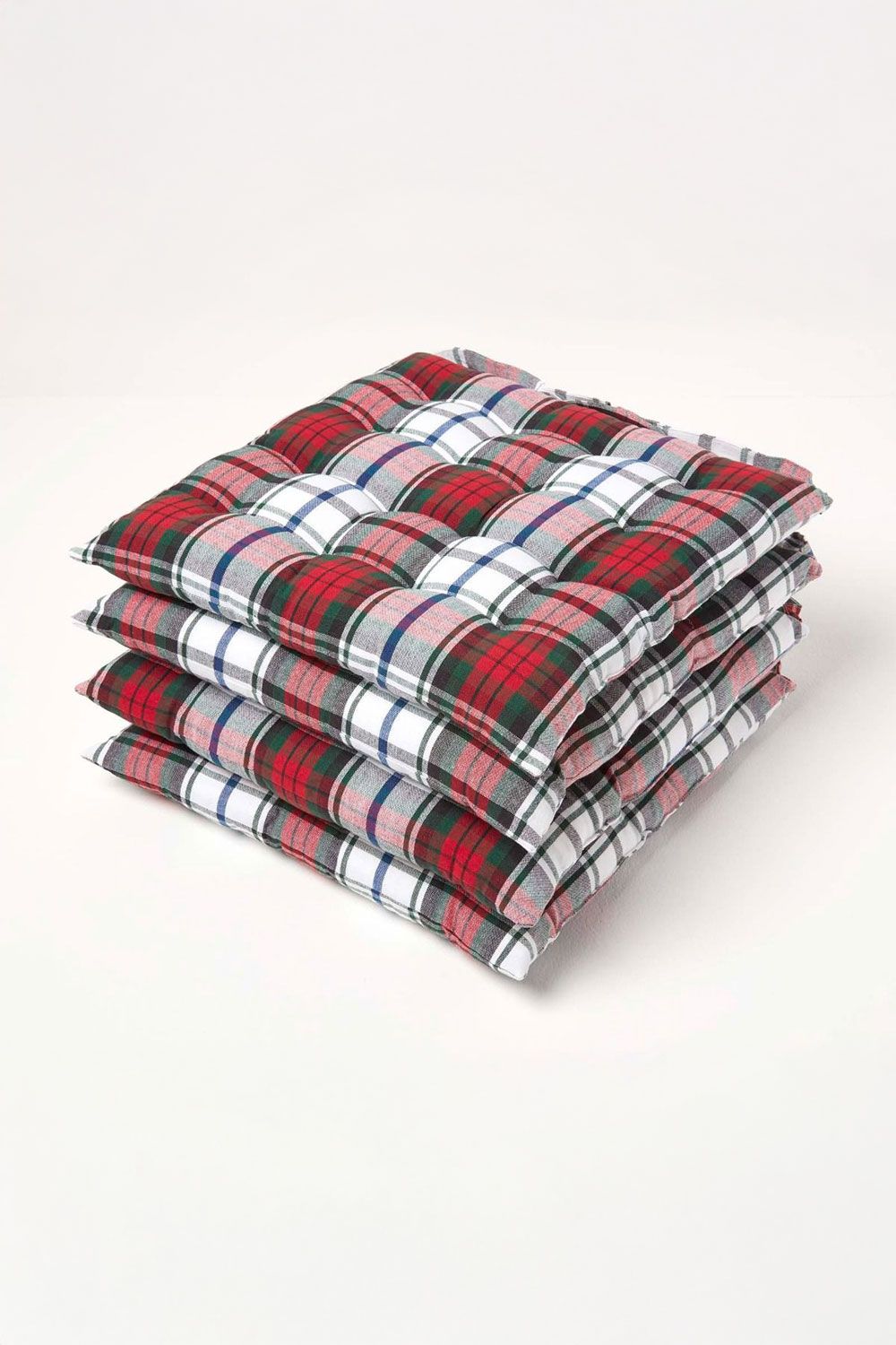 Homescapes 4 Pack Seat Pads Cotton Macduff Tartan Indoor Outdoor Garden Cushion, 40cm in Red