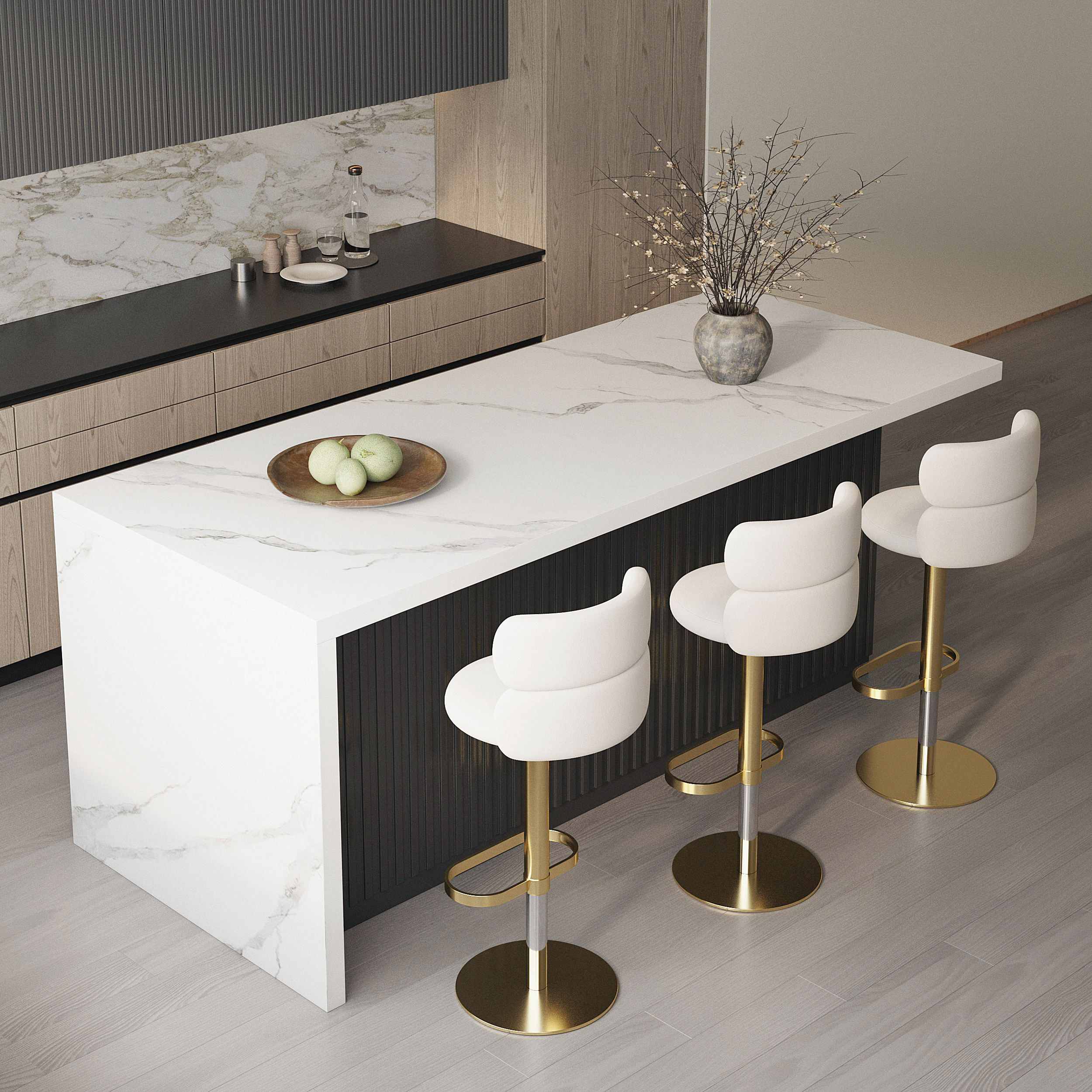 72" Large White & Black Kitchen Island & 2 Swivel Bar Stools Set  Curved Back Beige