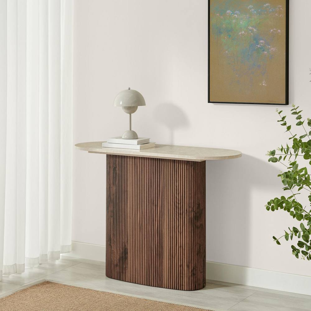 FurnitureboxUK Penrose Rounded Walnut Wood & Marble Effect Console Table